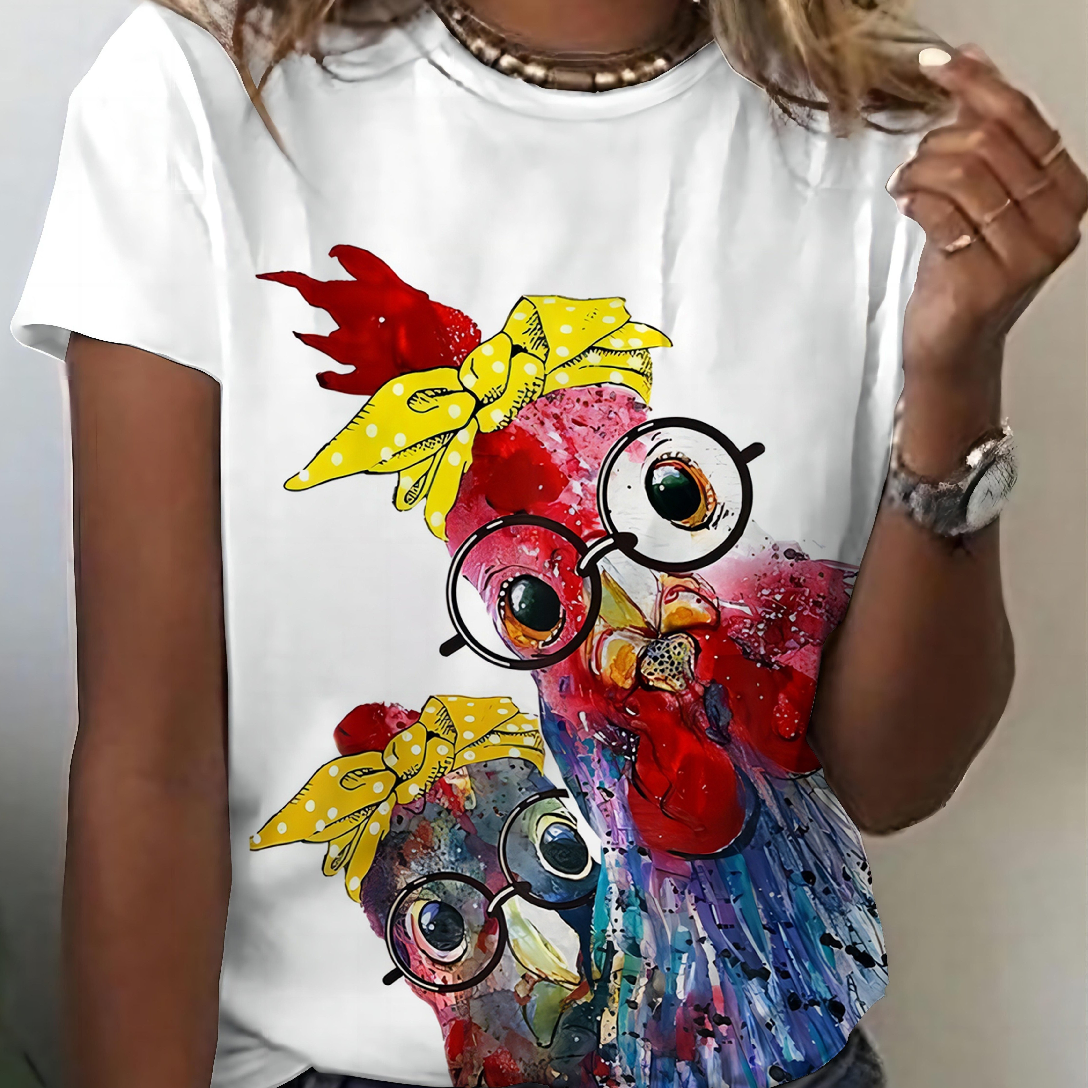 TEMU New Casual T-shirt, Cartoon Animal Chicken Print Short Sleeved, Round Neck Elastic T-shirt, Women's T-shirt