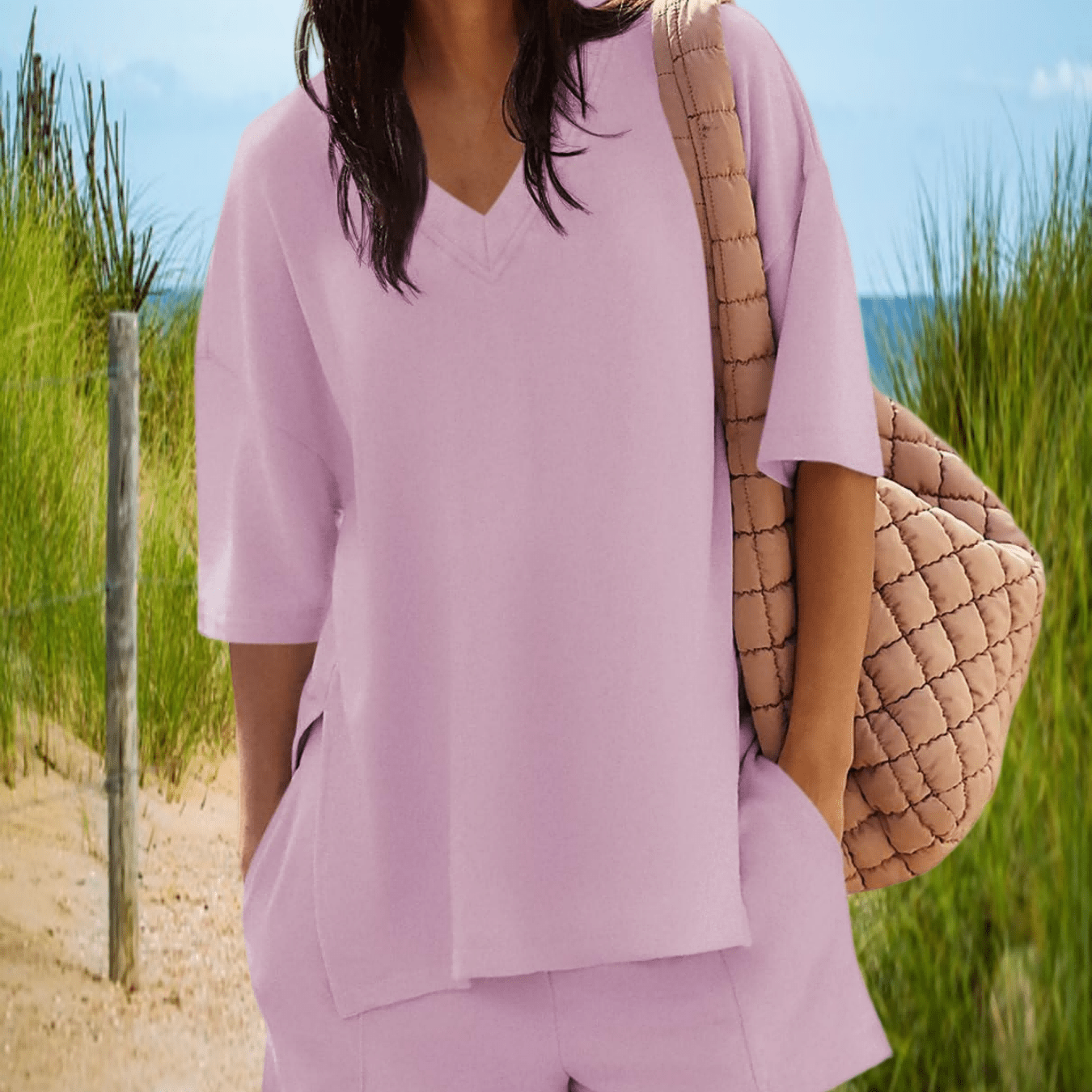 Image of 2026 Summer Collection For Women: Two-piece Lounge Set Featuring Oversized Tops With 3/4 Sleeves And Elastic Waist Shorts With Pockets