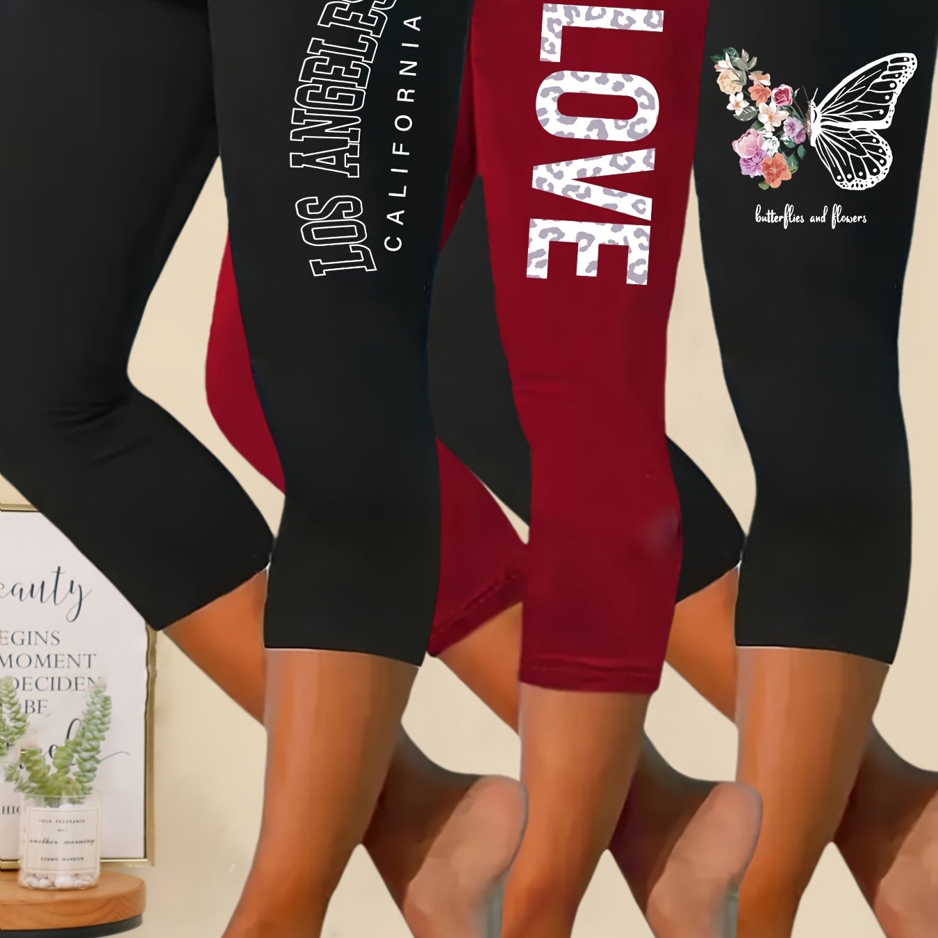 Image of Plus Size, 3pcs, Large Size Women's Capri Pants, Leggings For Casual , Beachwear, , Trendy And Versatile Printed Shorts