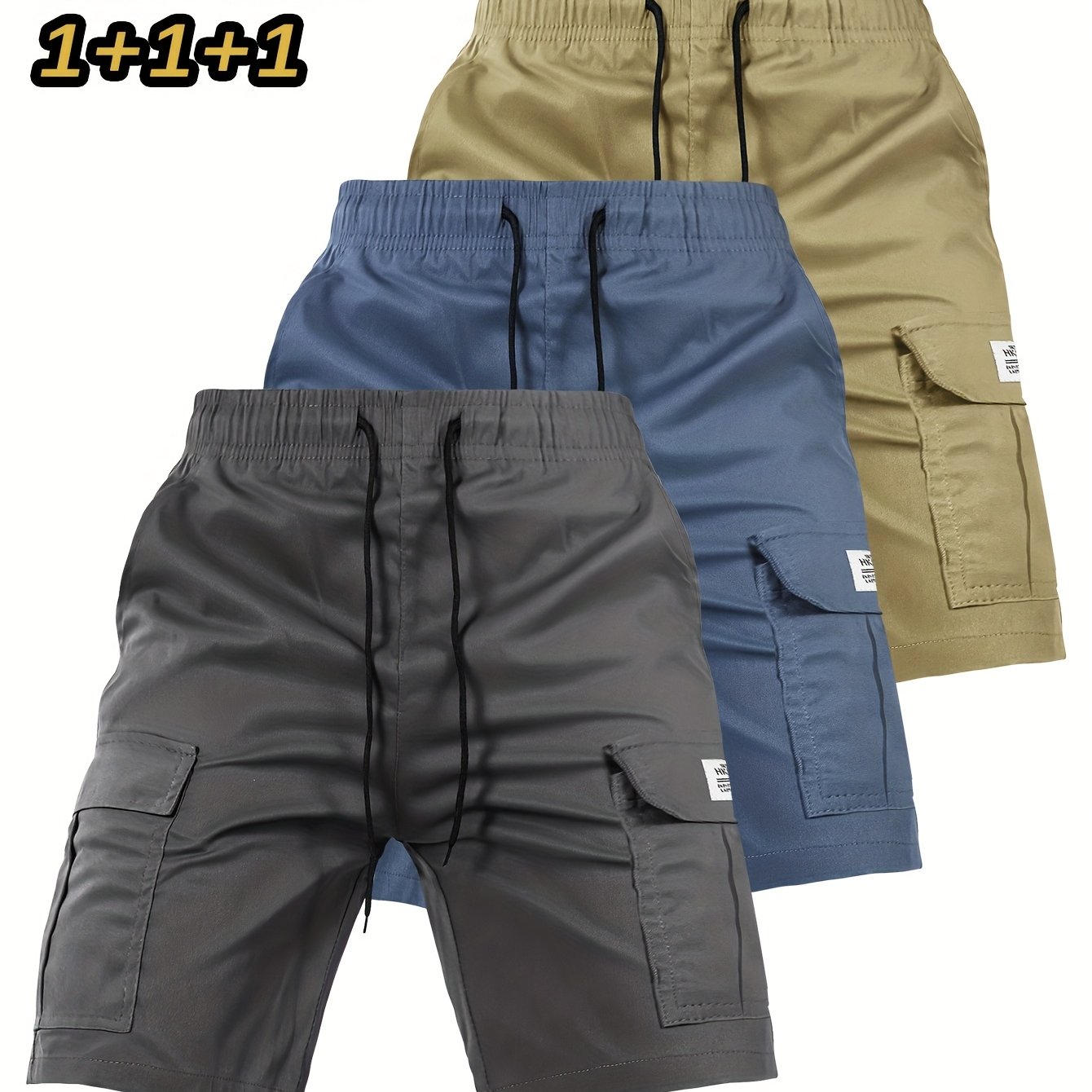 Image of 3pcs Men' Color Cargo Shorts, Lightweight Flap Shorts, Outdoor Men's Shorts