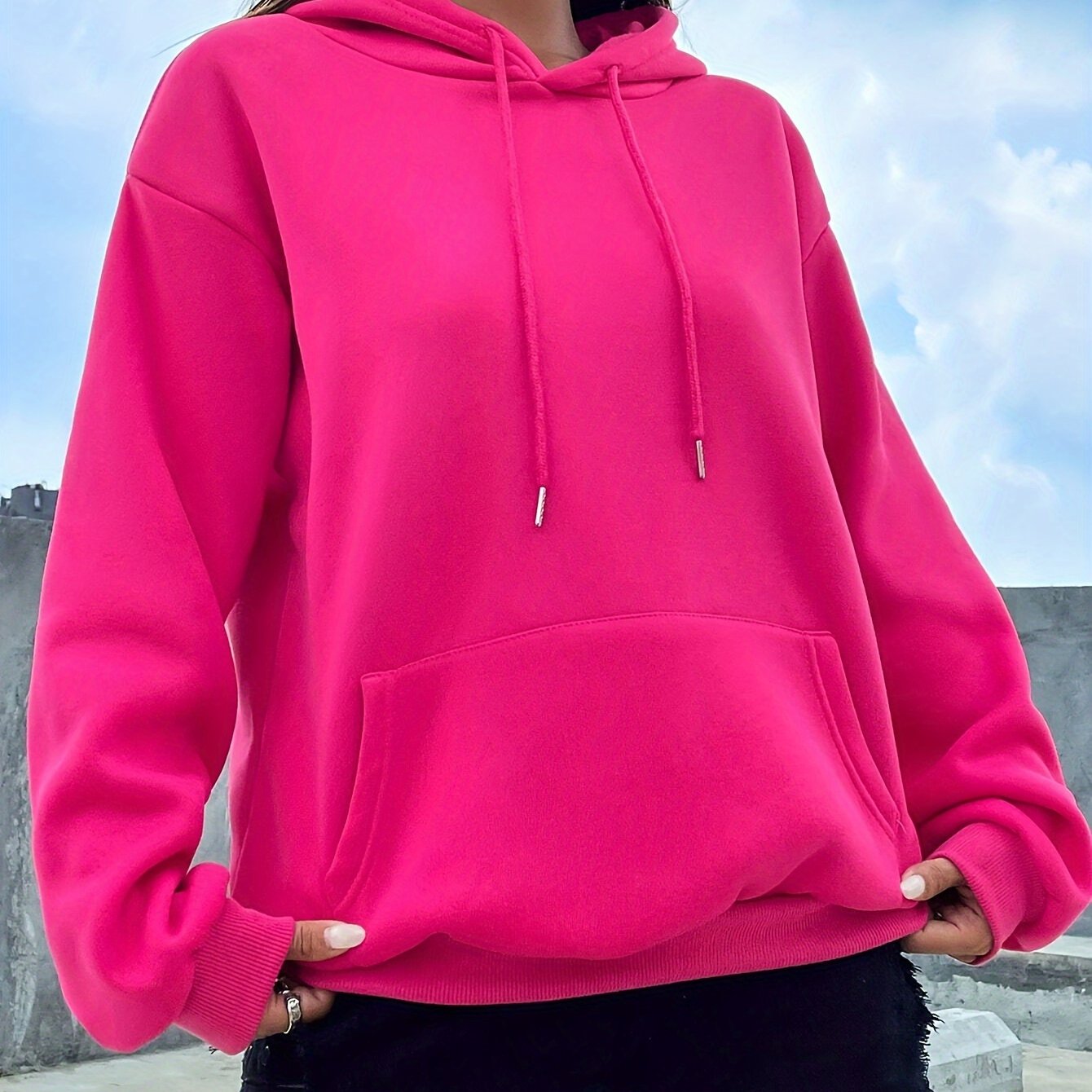 Solid Color Trendy Fashion Casual Women's Sports Sweatshirt With Front Pocket And Drawstring Hood