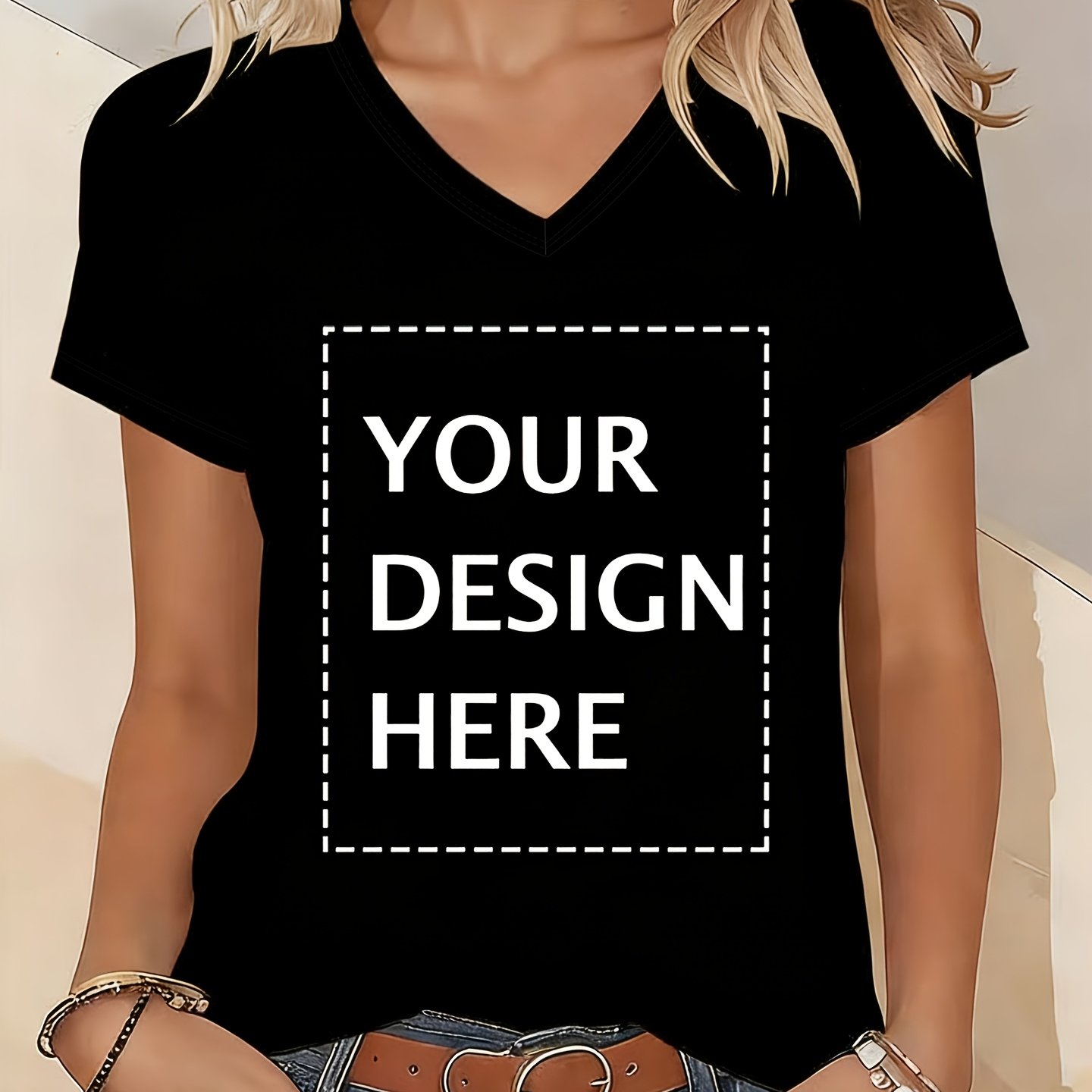 TEMU 15# [] Women's V-neck T-shirt - Soft, Short Sleeve, Machine Washable, Casual Spring Summer, Customizable Printed T-shirt, Personalized Design