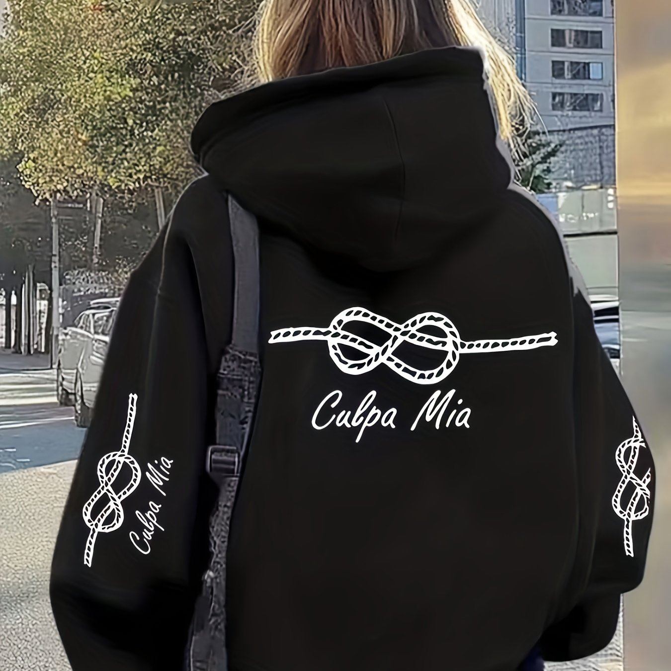 TEMU Sweat à capuche pour femmes avec italienne "" - pull à imprimé nœud et feuille de laurier, lavable en machine, vêtement décontracté pour automne