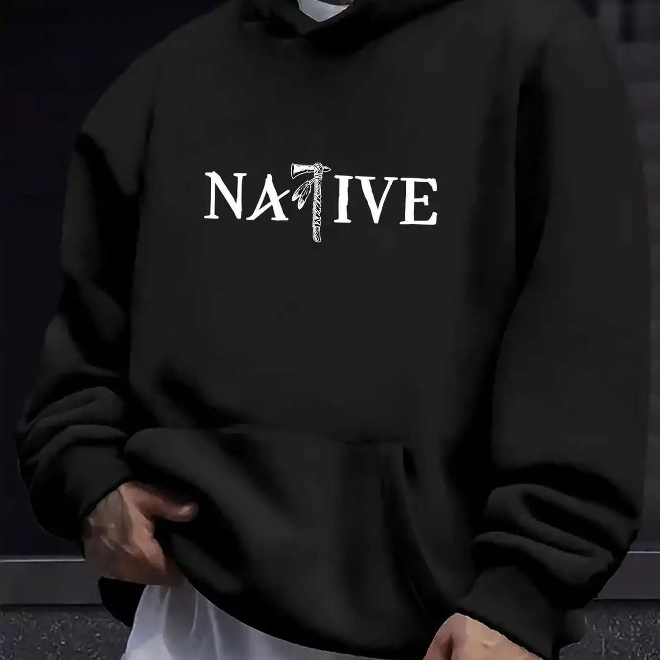 TEMU S Casual Sweat à capuche 'Native' avec imprimé lettres - Coupe ample, , polyester portable toutes saisons, lavable en machine, pull noir avec