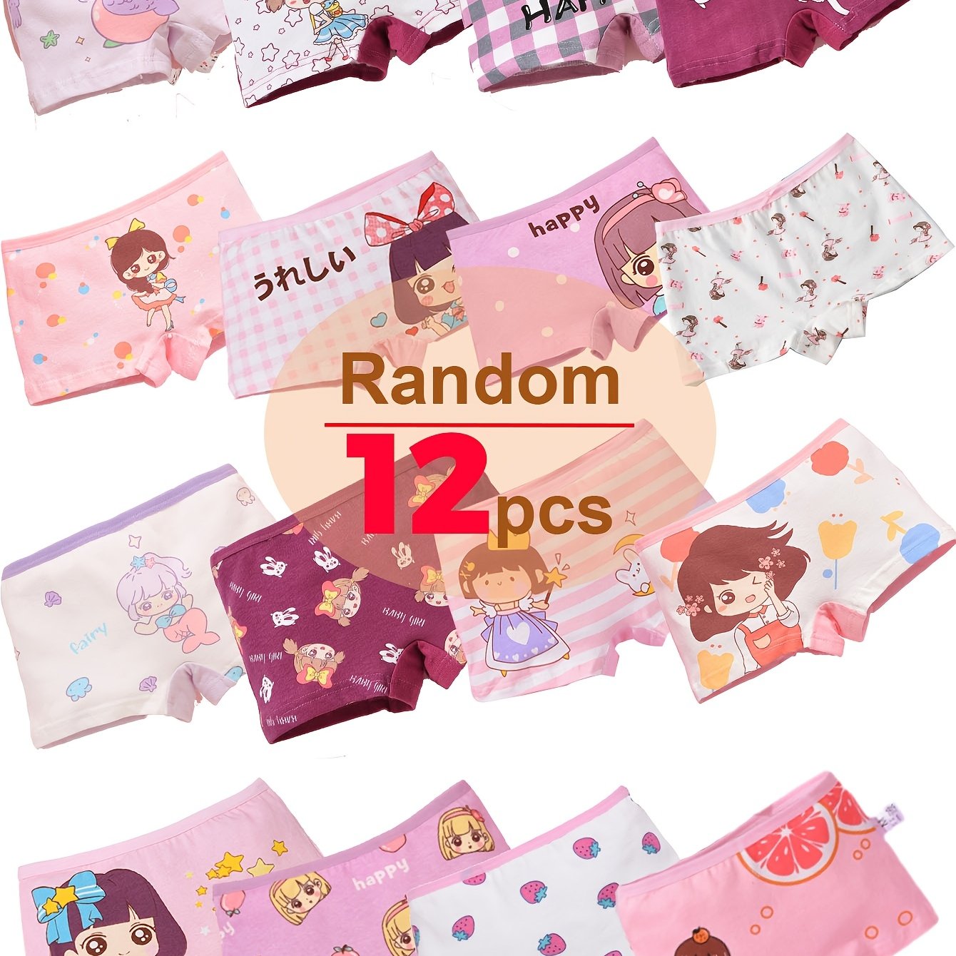 12-pc Random Colors And Patterns, Cartoon Pattern Girls' Panties, 95% Soft And Comfortable Quadrilateral Underwear
