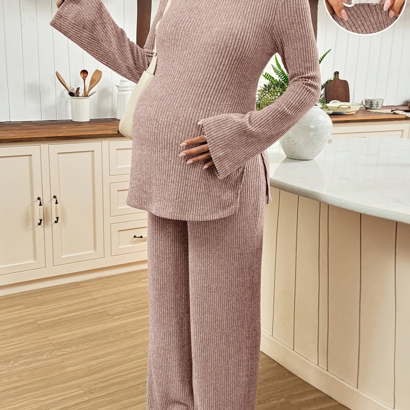 TEMU 2pcs Maternity Casual Ribbed Long Sleeve Top And Pants Set Spring Autumn Clothing Long Sleeve Spring Autumn Clothing Maternity Two-piece Knit