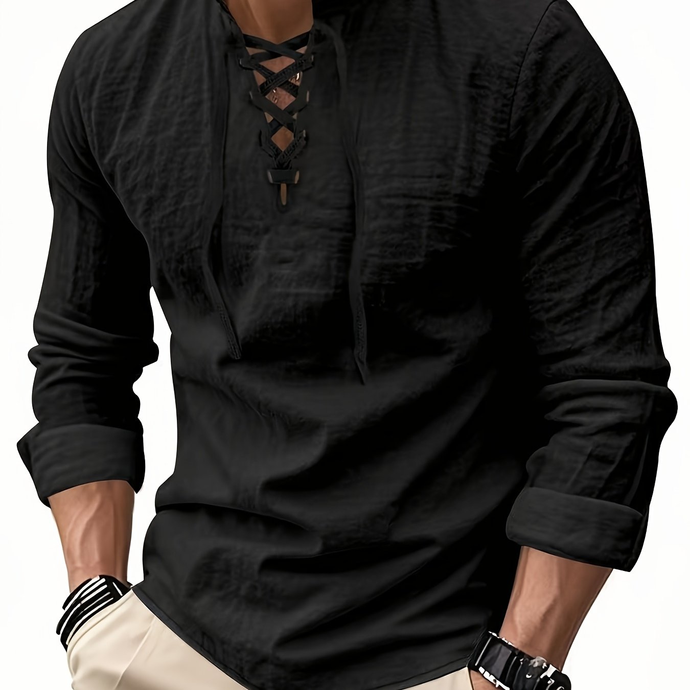 TEMU Men's Casual Long Sleeve Linen Shirt With Cross Strap Detail - Breathable, Solid Black, Stand Collar, Perfect For Spring/fall, Beach Or Casual