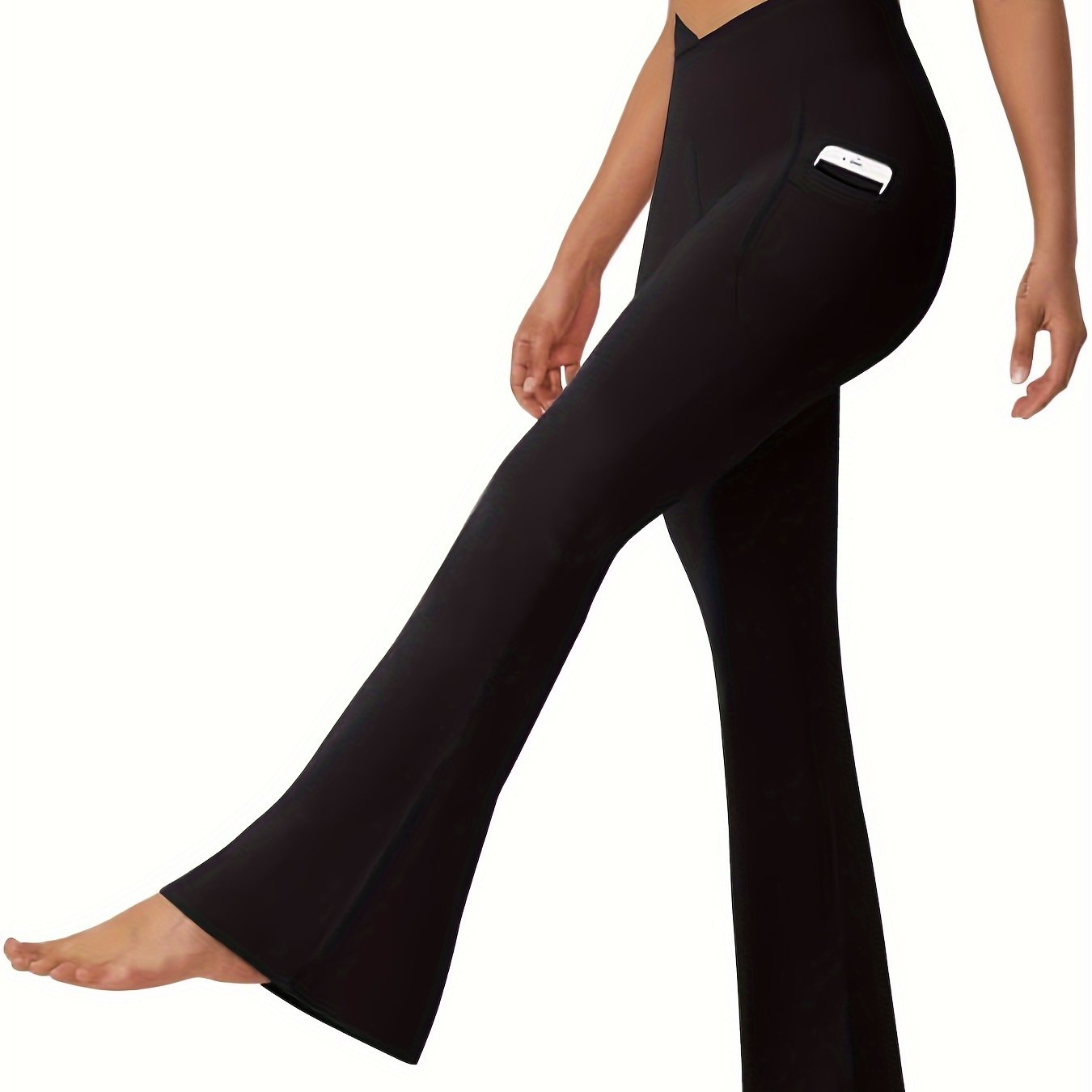 TEMU Pantalones de yoga acampanados de cintura para mujer con bolsillos, entrenamiento elástico para adelgazar con control de barriga y corte de bota