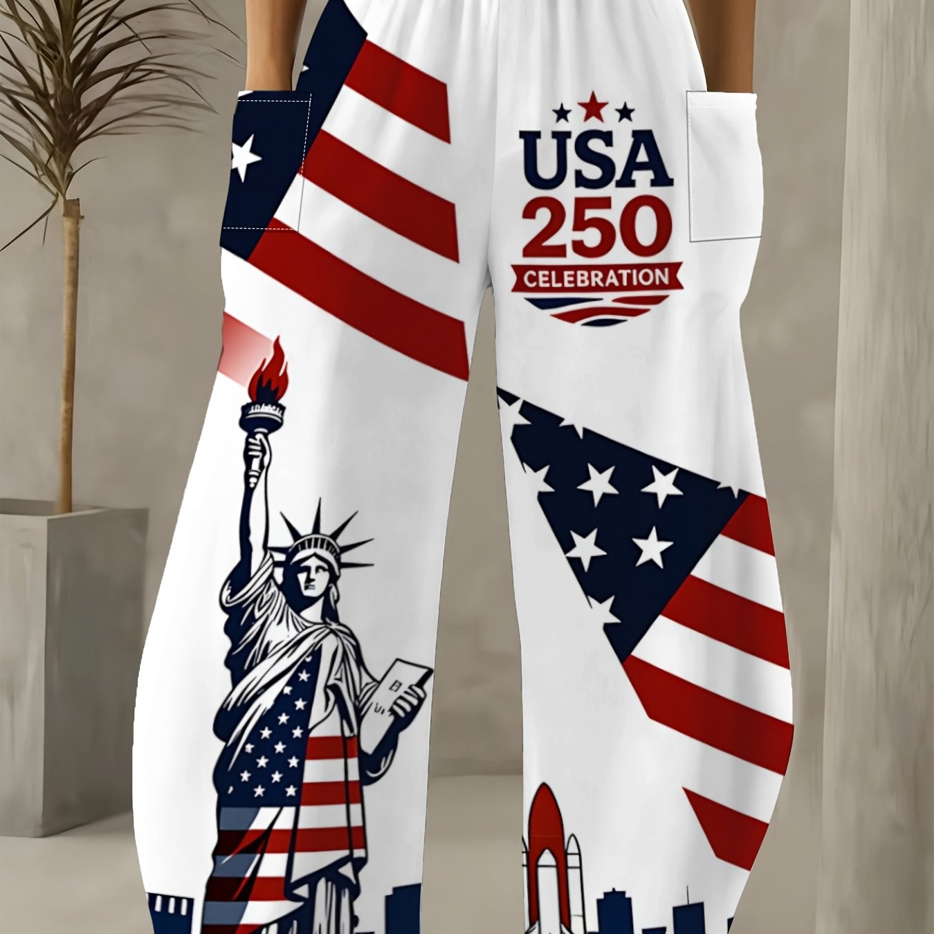 TEMU Pantalon et à jambes larges pour femmes USA250 Anniversaire Statue de Étoiles et Barreaux, avec un design décontracté et confortable et de