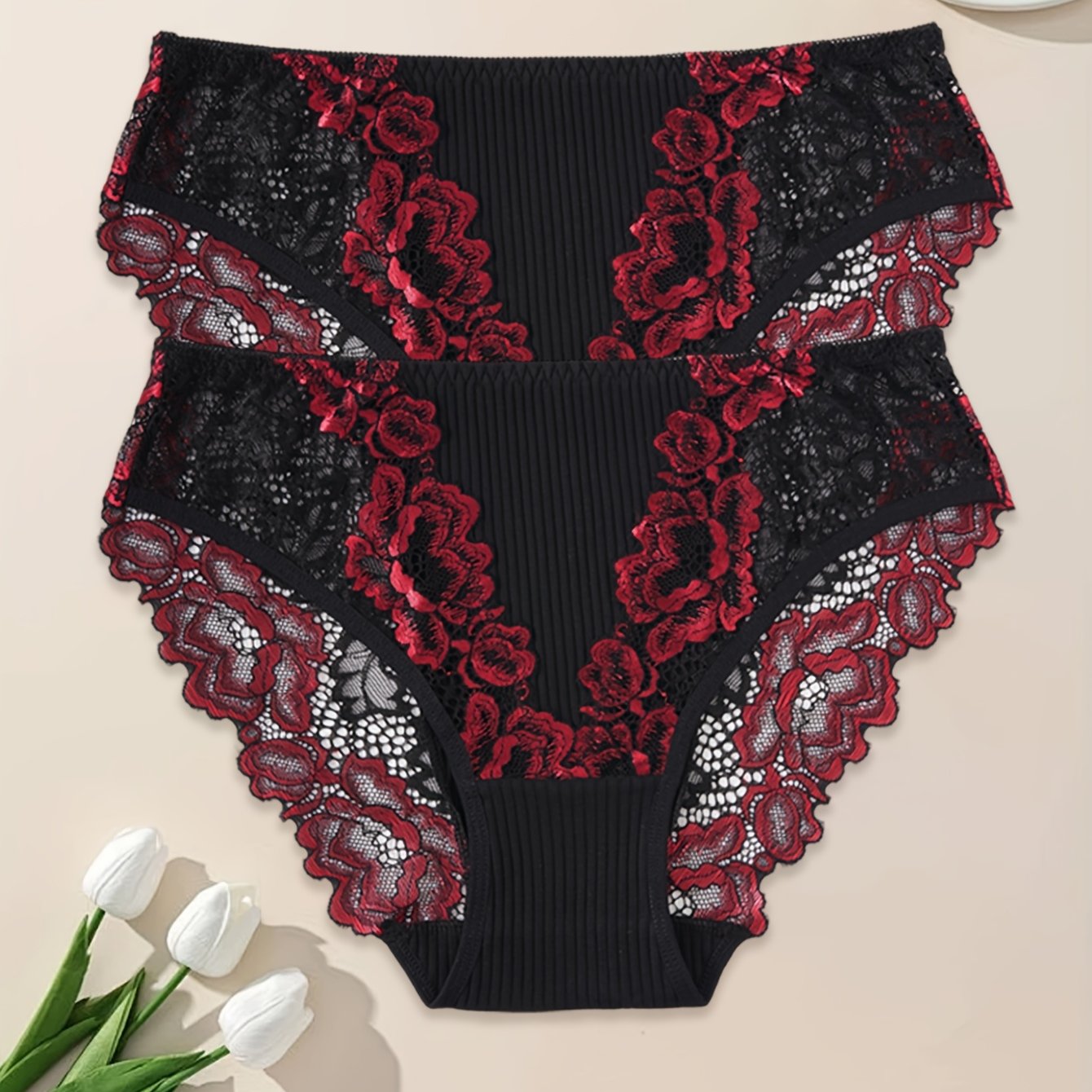 2pcs Women's Sexy Lace Trim Underwear, Red Comfortable Stretchy Elegant Panties For Daily & Special Occasion Wear, S-xxl