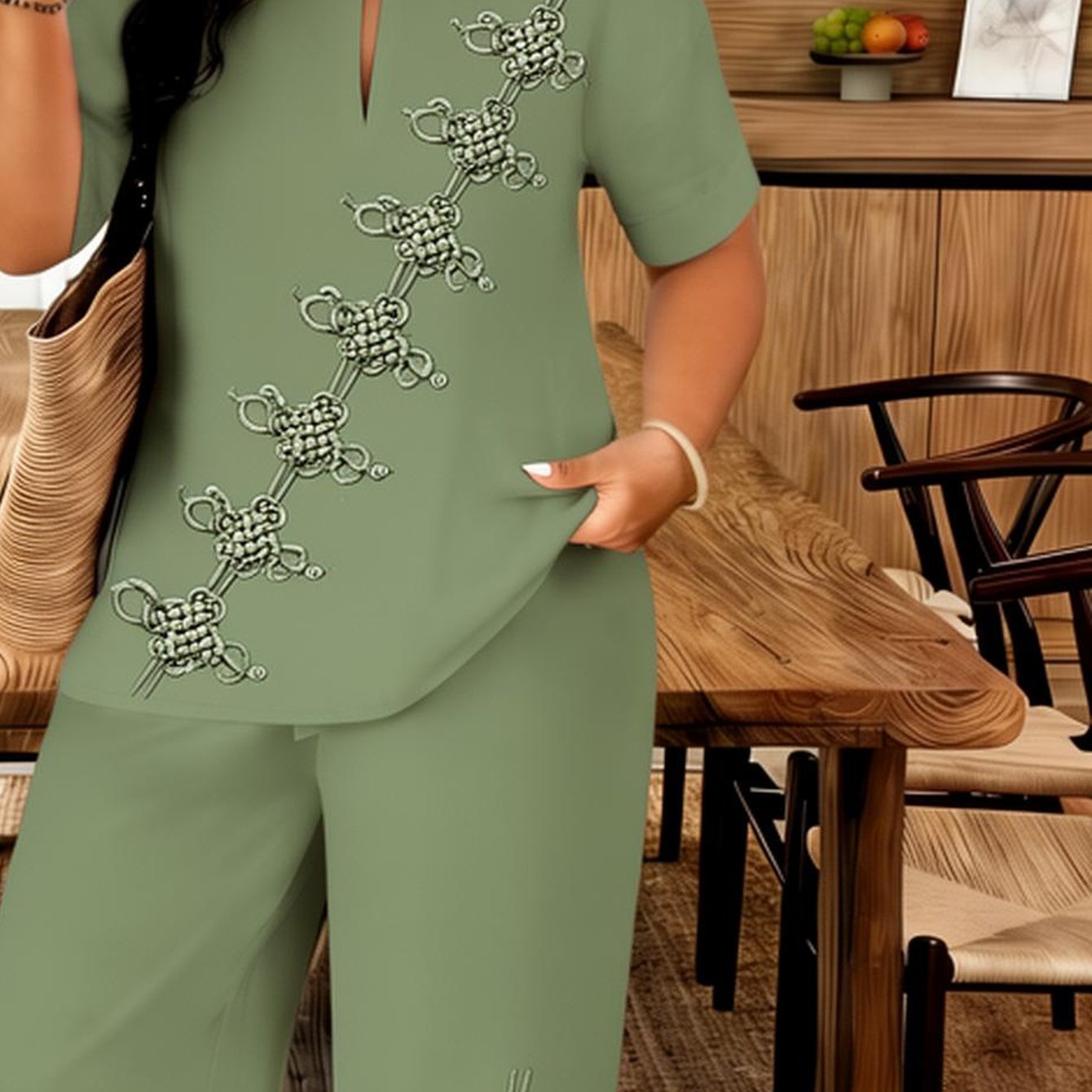 Image of Women's Clothing, Elegant Emerald Green Two-piece Set With Printed Short Sleeves And Pants, Featuring Decorative Details, Suitable For Outdoor Leisure And And Summer, Mother's Day Gift