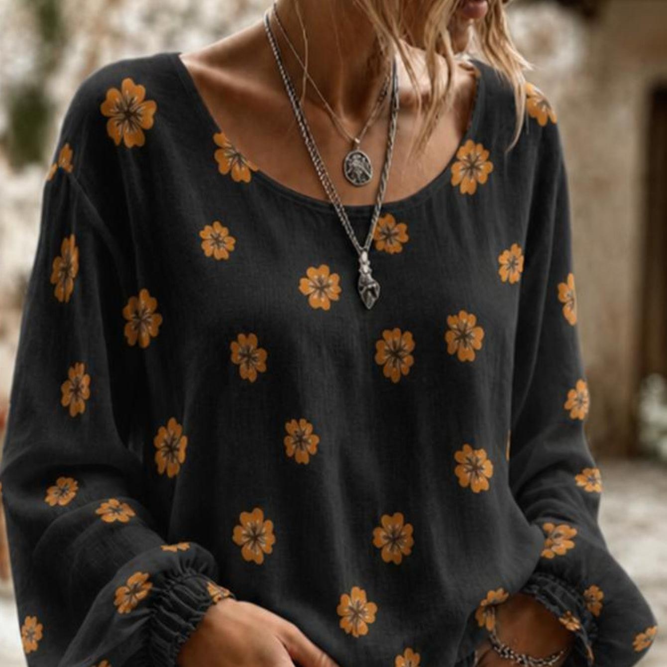 Plus Size Women's Round Neck Full Printed Shirt Boho Floral Print Plus Size Loose Top For Women Dyed Blouse, Loose , Women's , Perfectly Pairs With Jackets, Jeans And Leggings, For Summer Wear