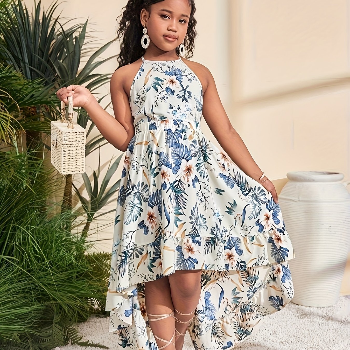 Young Elegant Minimalist Camisole Floral Print Sleeveless Dress, Suitable For Summer Casual