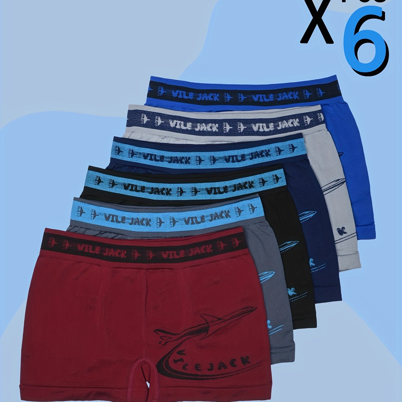 Random 6pcs Set Of Airplane Print Boys' Polyester Fashion Casual Boxer Briefs, Suitable 10-12