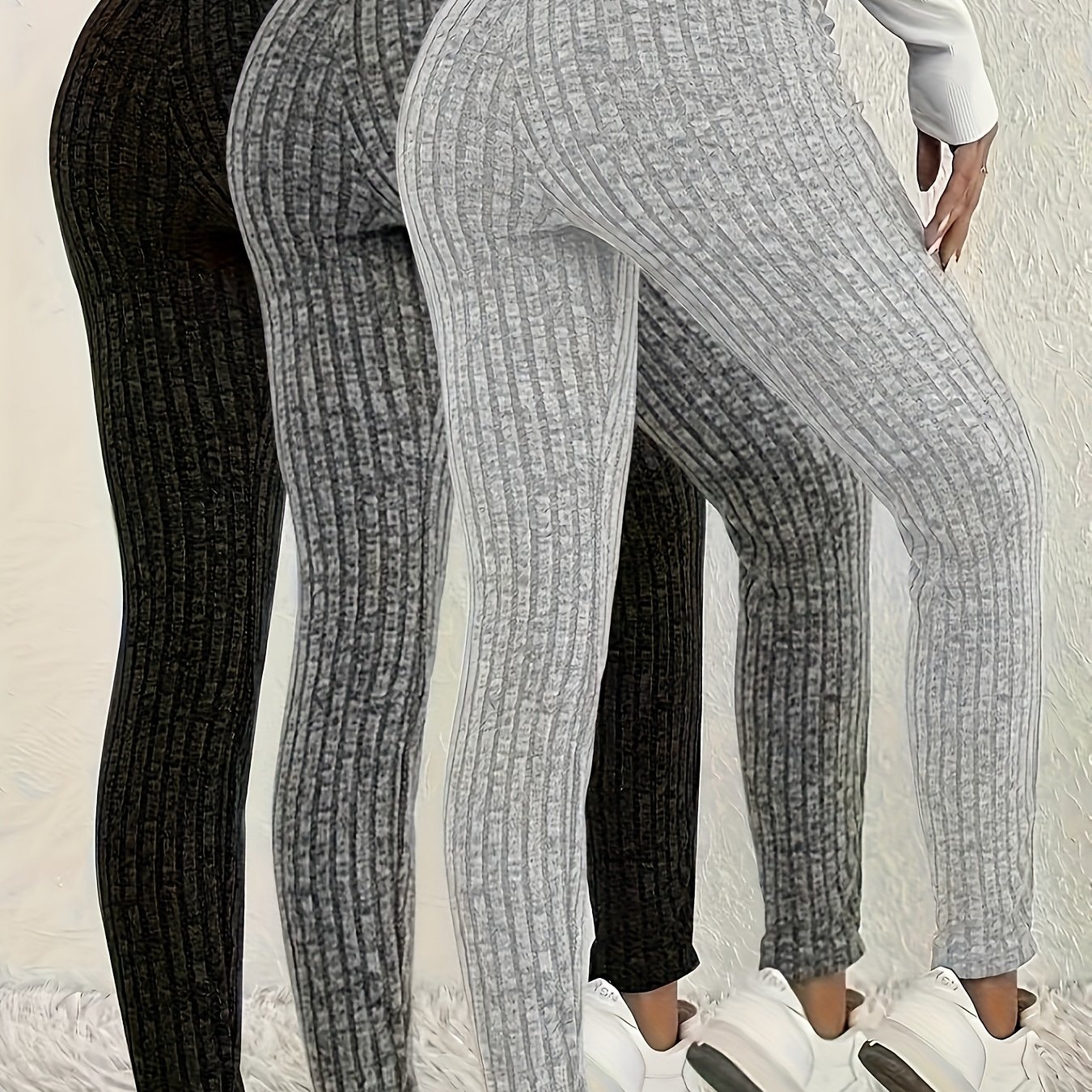 Three-pack European And Spring/autumn High-waist Stretchy Ribbed Casual Fashion Leggings