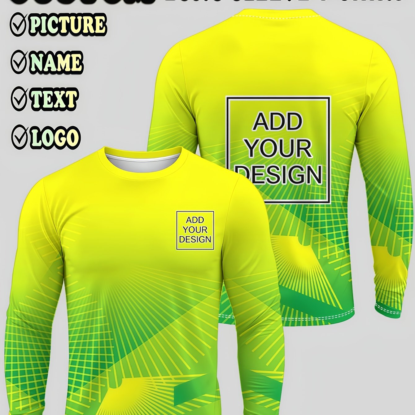 TEMU Printed Design - Texture-free / Two-dimensional Print, Men's Crew Neck Long Sleeve T-shirt Top, Unisex Long Sleeve, Yellow-green Gradient