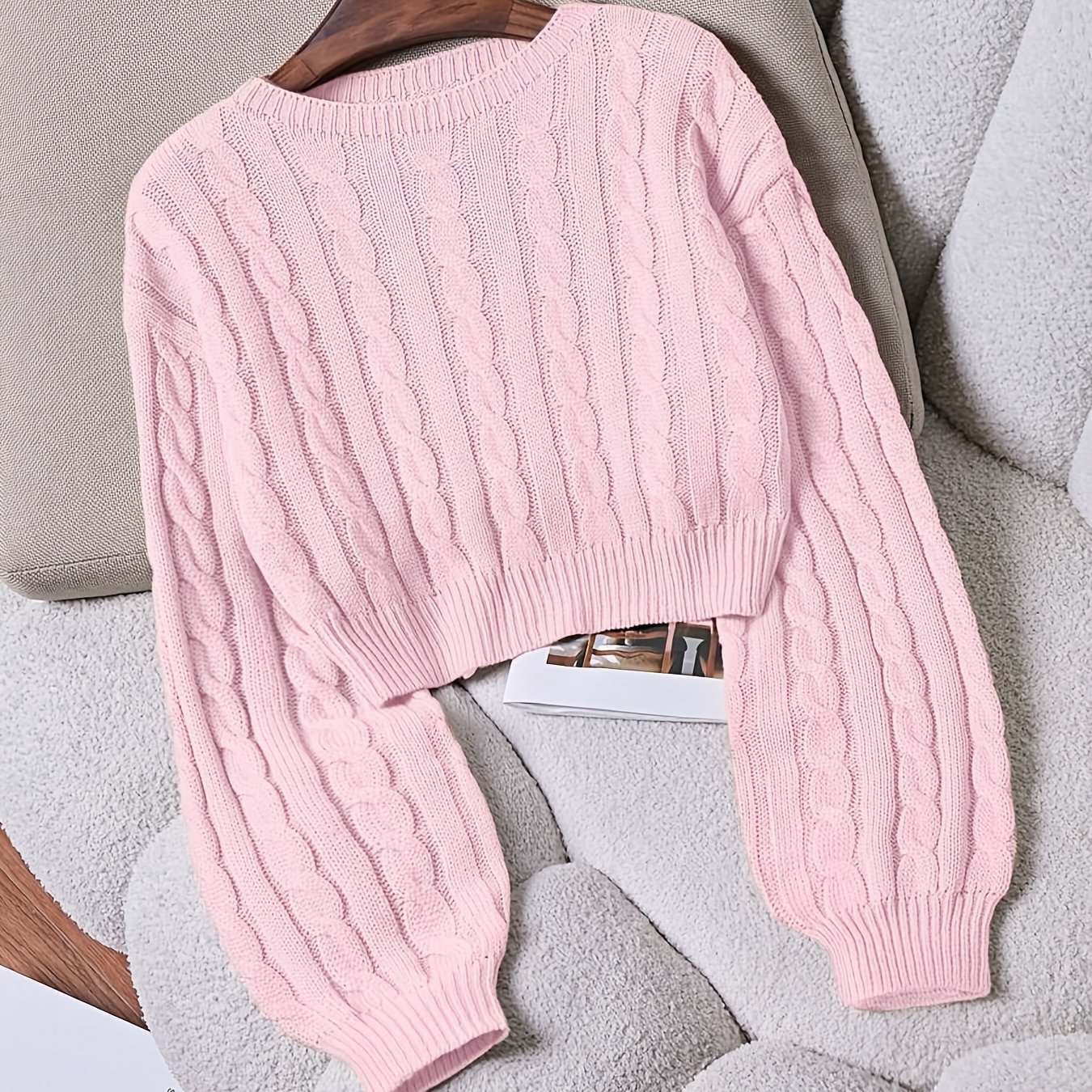 TEMU Women' Color Cable Cropped Sweater, Casual Long Sleeve Crew Neck Lantern Sleeve Pullover, Autumn/winter Fashionable Casual And Elegant Cropped