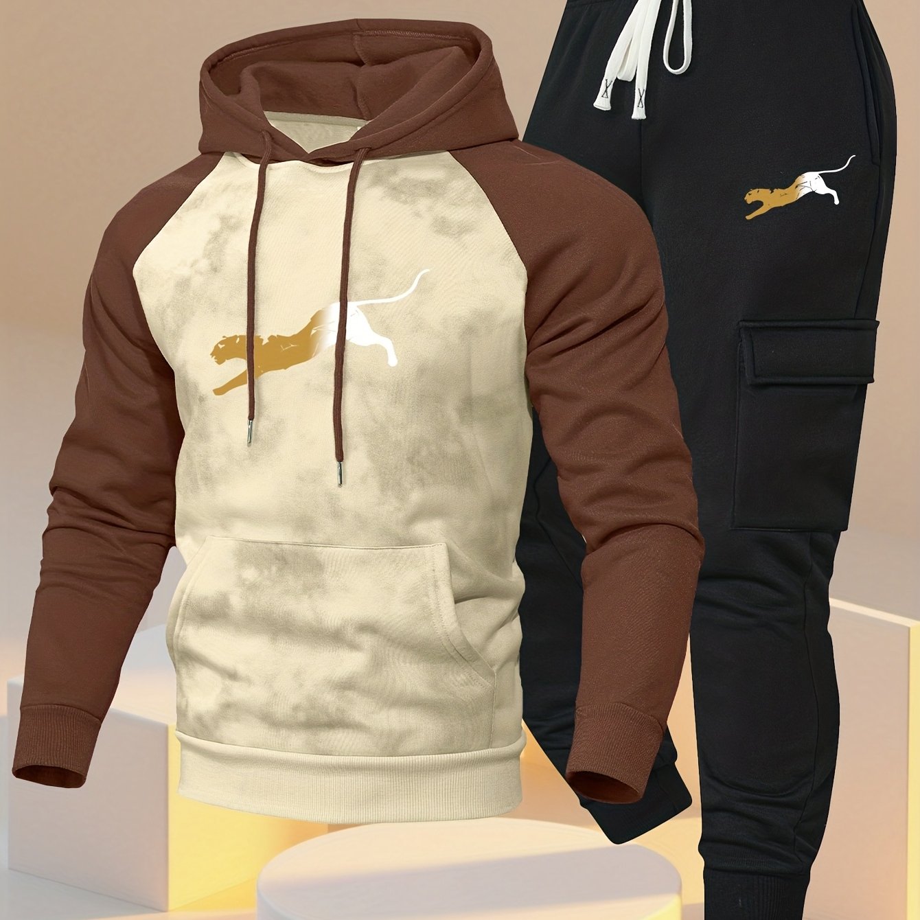 TEMU Un nouveau sweat à capuche tendance avec des manches raglan color-block et un pantalon cargo avec de multiples poches. Ce ensemble pièces
