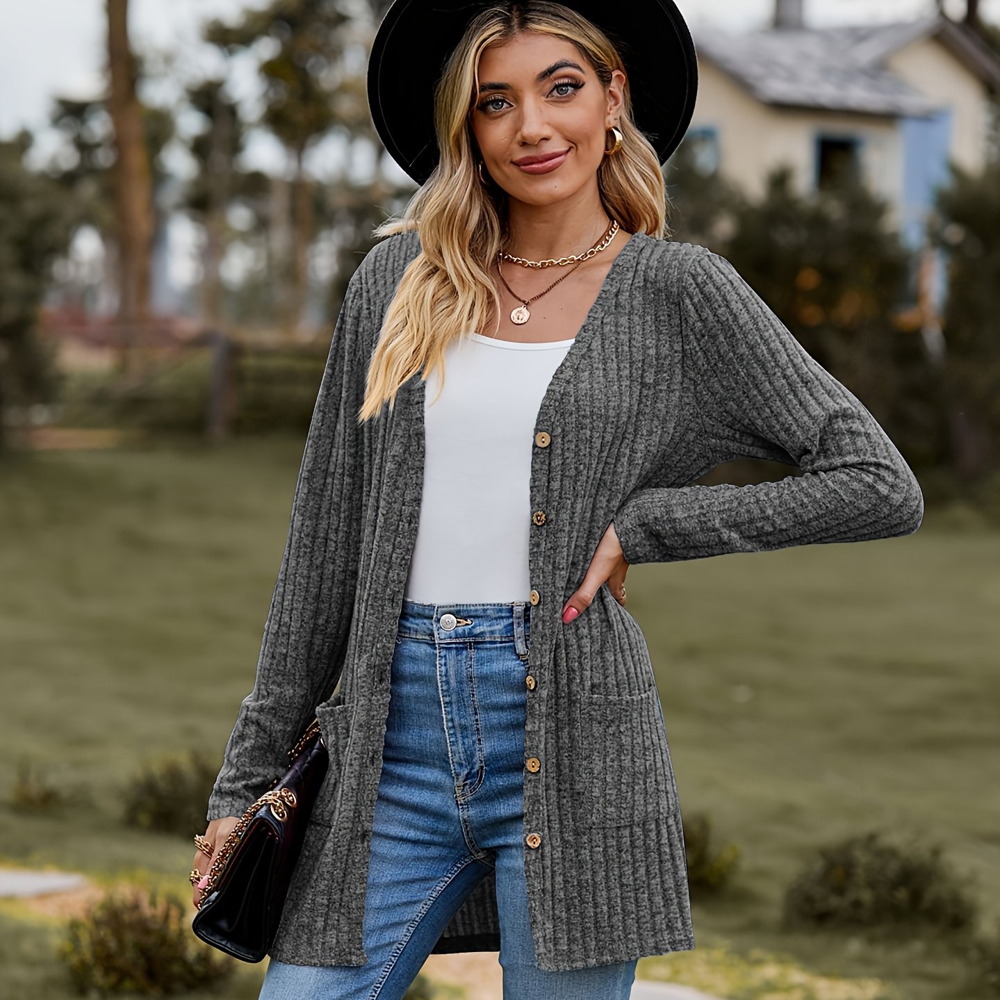 Women's Brushed Ribbed Solid Color Long Sleeve Cardigan