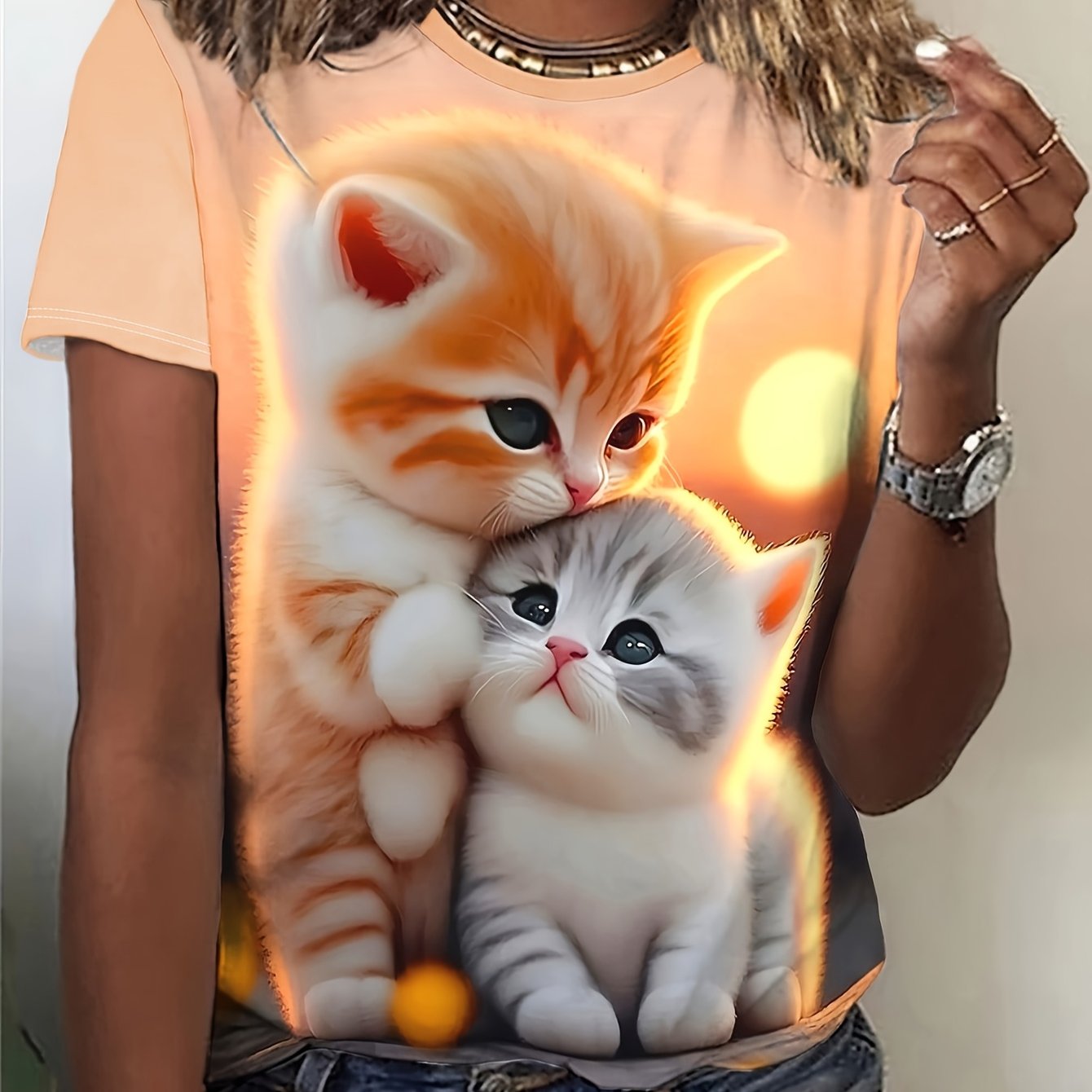 Image of Casual Fashion Women's Cozy Cat Print Round Neck Short Sleeve T-shirt
