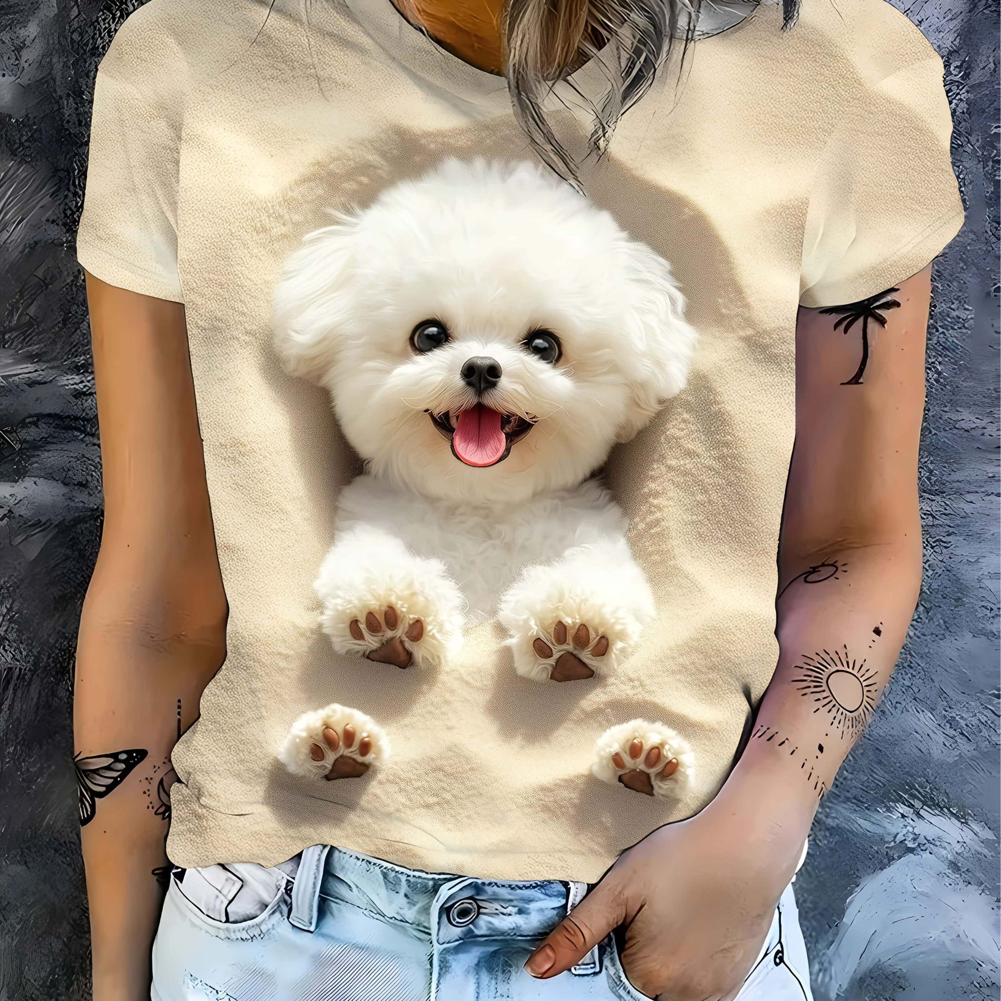TEMU [printed Design â Not Textured] Women's Cute Bichon Frise Print Short-sleeve T-shirt, Vibrant And , Daily Casual Crew Neck Short-sleeve Top,