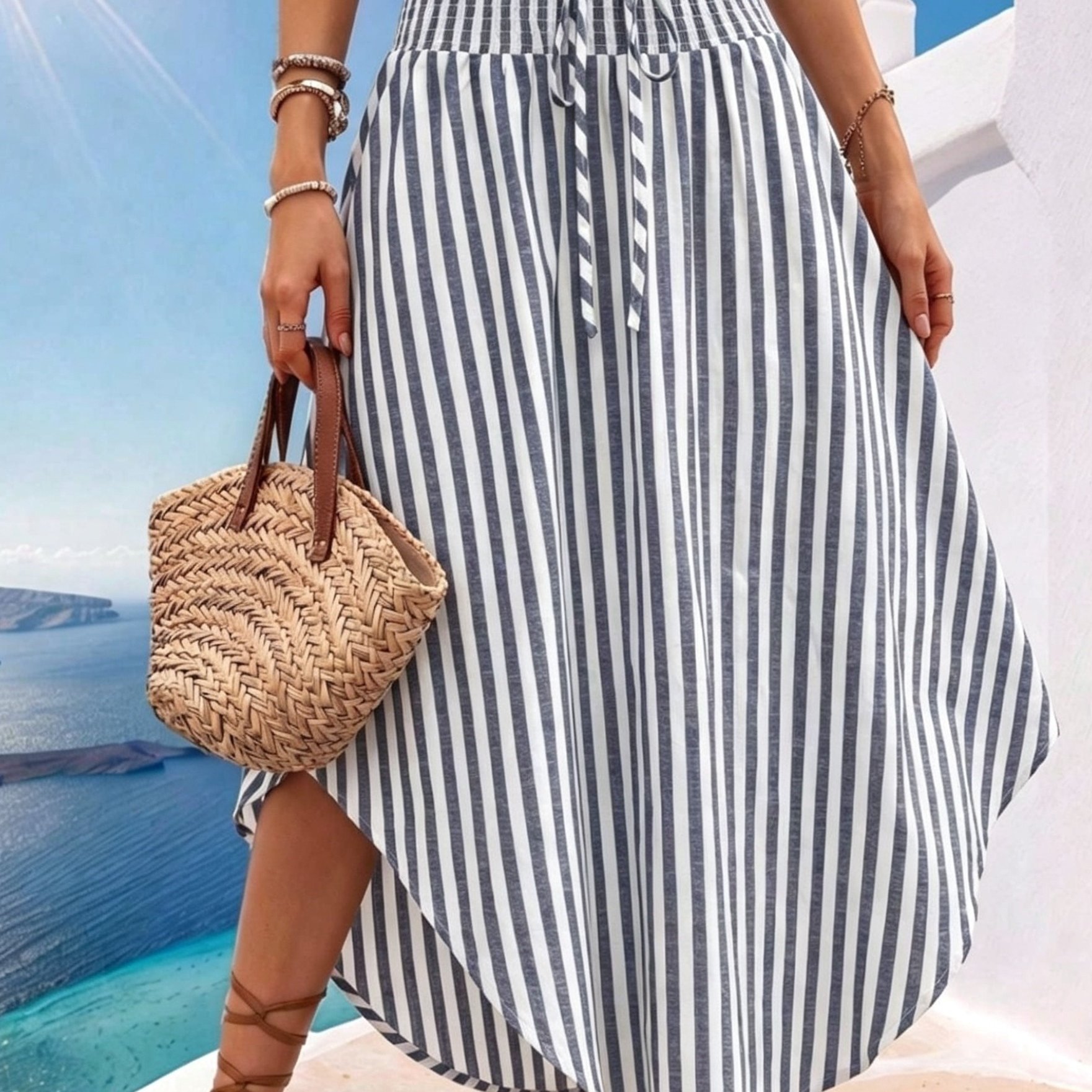 TEMU Élégante robe maxi avec ourlet et imprimé aléatoire, tenue de plage pour femmes