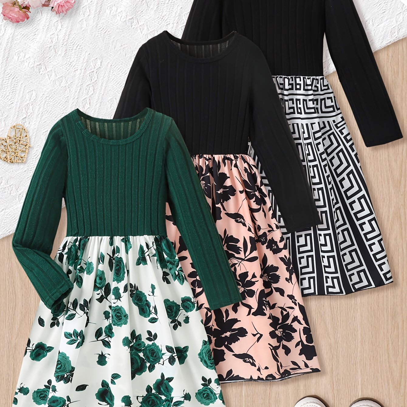 Image of 3pcs Set Girls' Solid Color Round Neck Floral Print & Geometric Pattern Hem Casual Skirt - Children's Outdoor ,halloween
