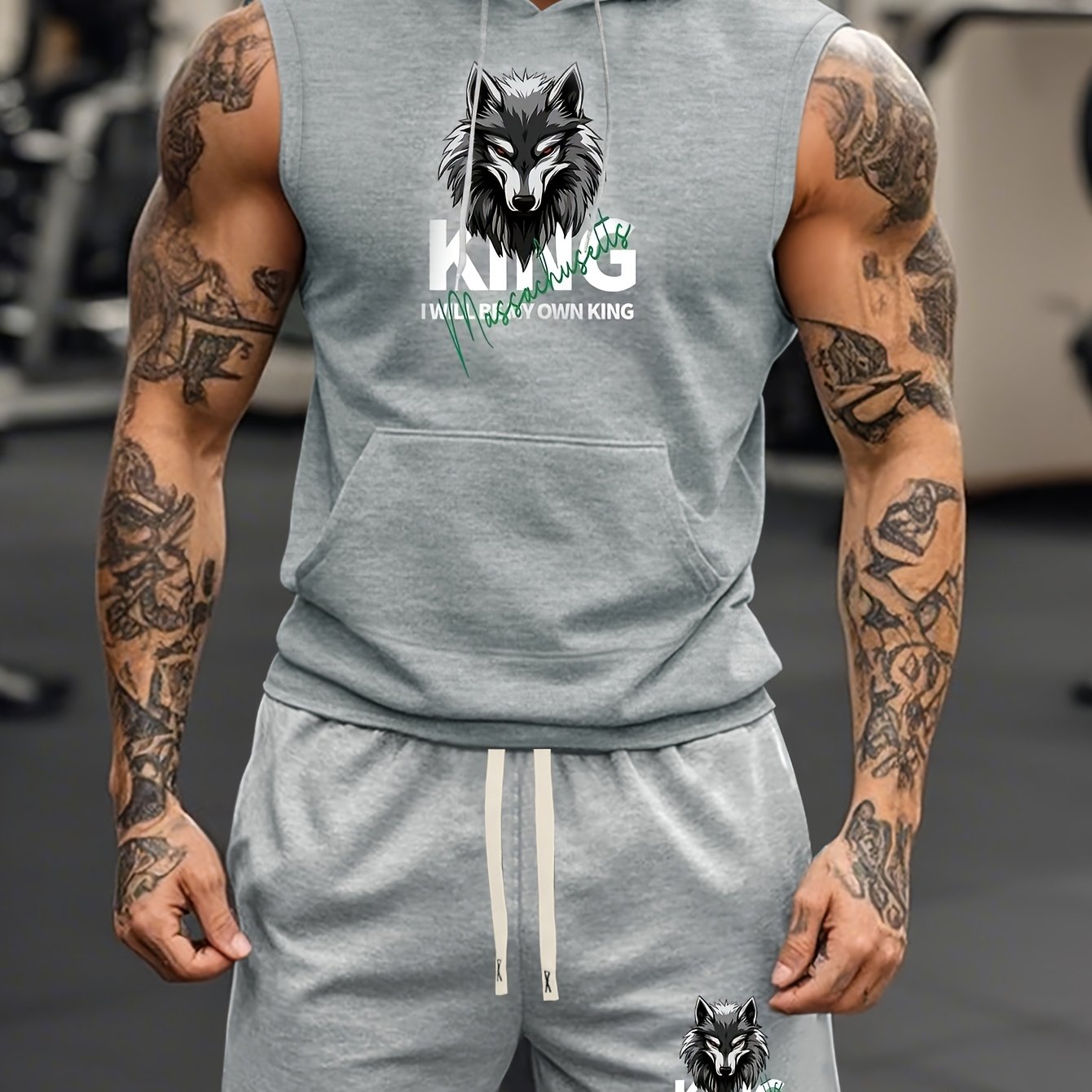 TEMU Wolf Print Pattern Spring Summer Autumn Streetwear Vacation Elastic Minimalist Sporty Casual Full-body Hooded Vest And Shorts Set