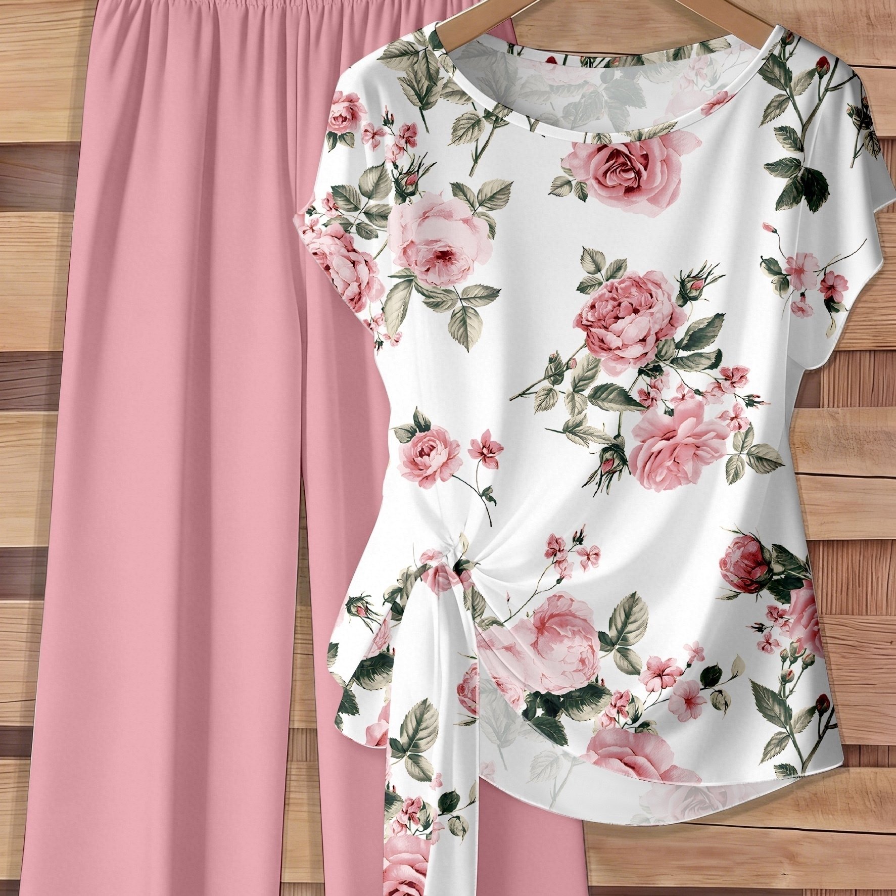 TEMU Targeted Development Hot Neck Short Sleeve Floral Print Top Solid Color Long Pants Set