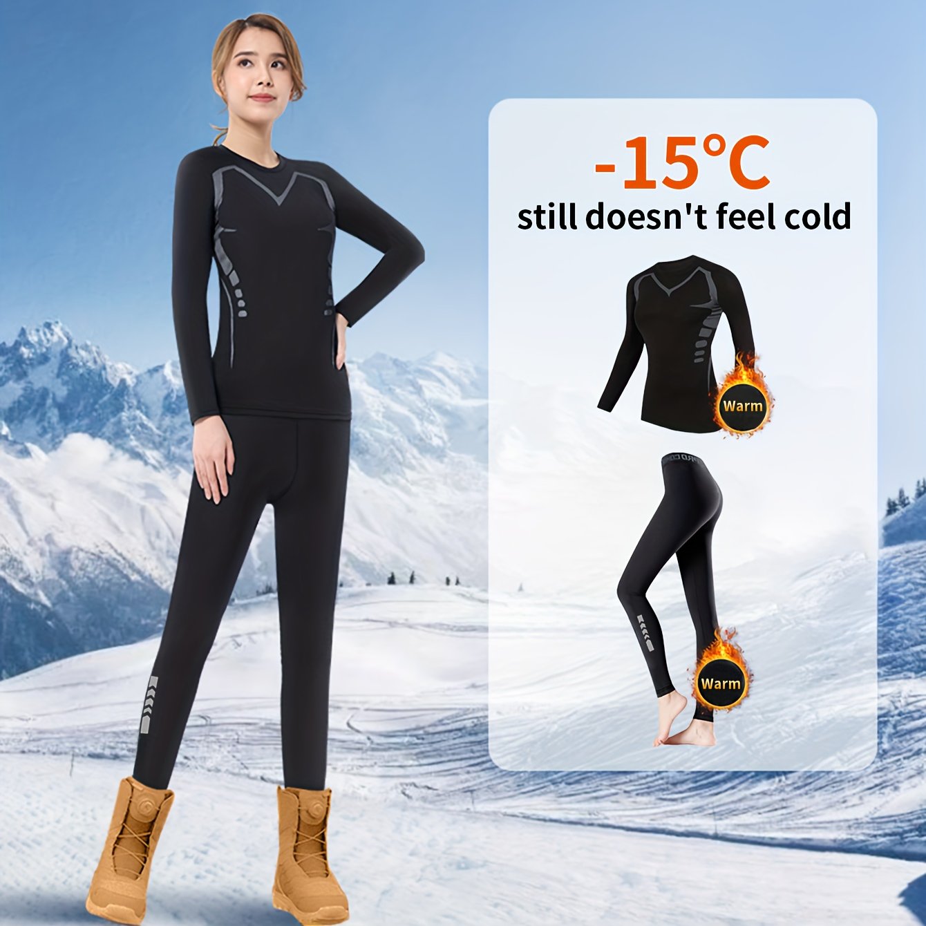Image of Quick-dry Women's Ski Warm Set, Winter Running Sportswear, Outdoor -lined Long-sleeve Mountaineering Leggings