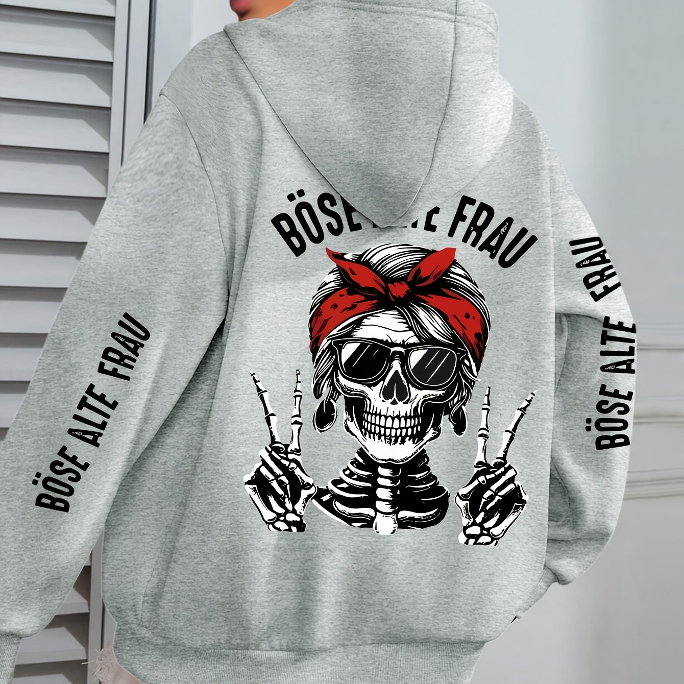 TEMU Plus Size - Plus Size - Plus Size Skull And Bones Print Hoodie, Casual Long Sleeve With Pocket Hooded Sweatshirt For Winter And Fall, Designed