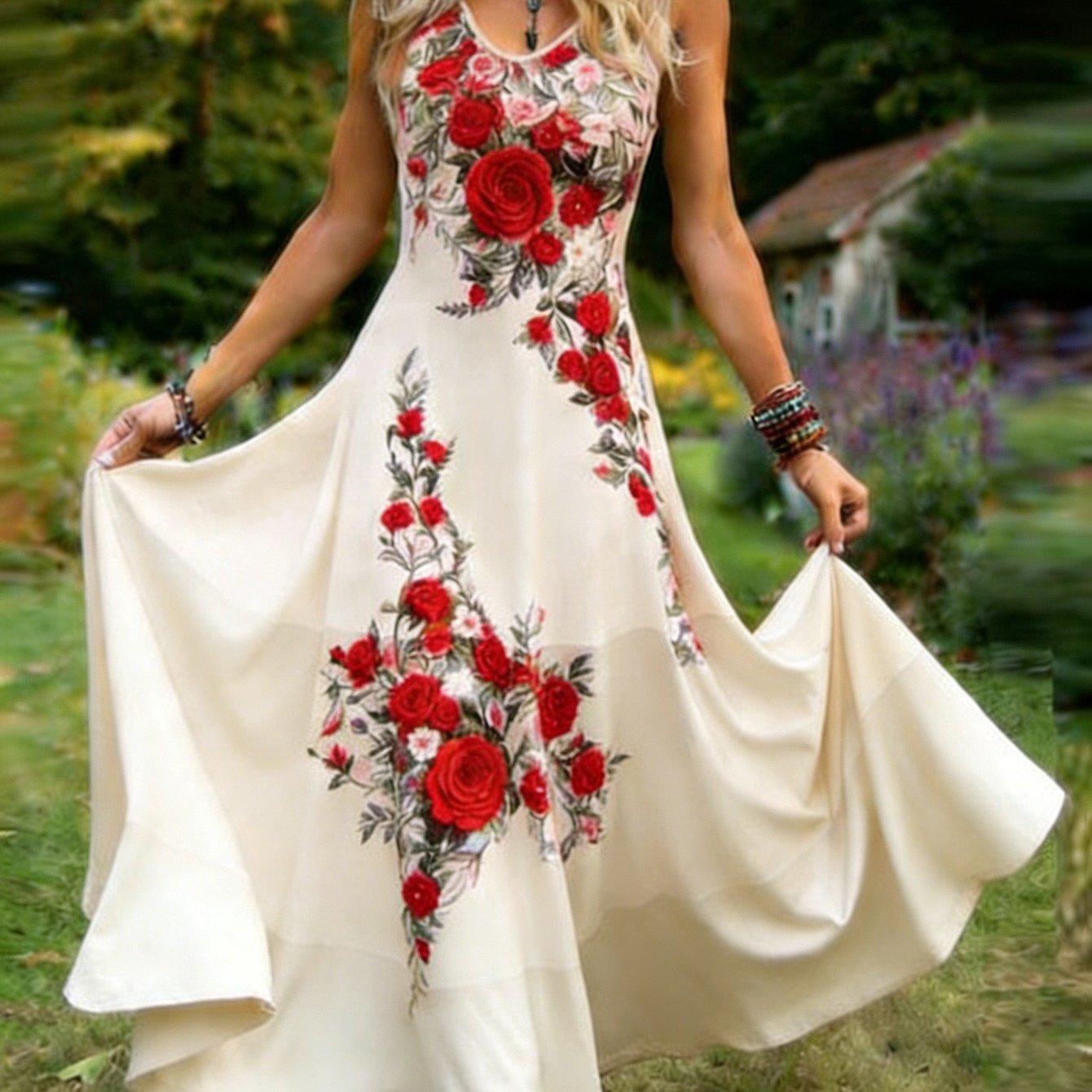 Women's Vintage Style Sleeveless Dress With Floral Print, V-neck A-line Maxi Skirt, , Perfect For Daily Wear And Holidays
