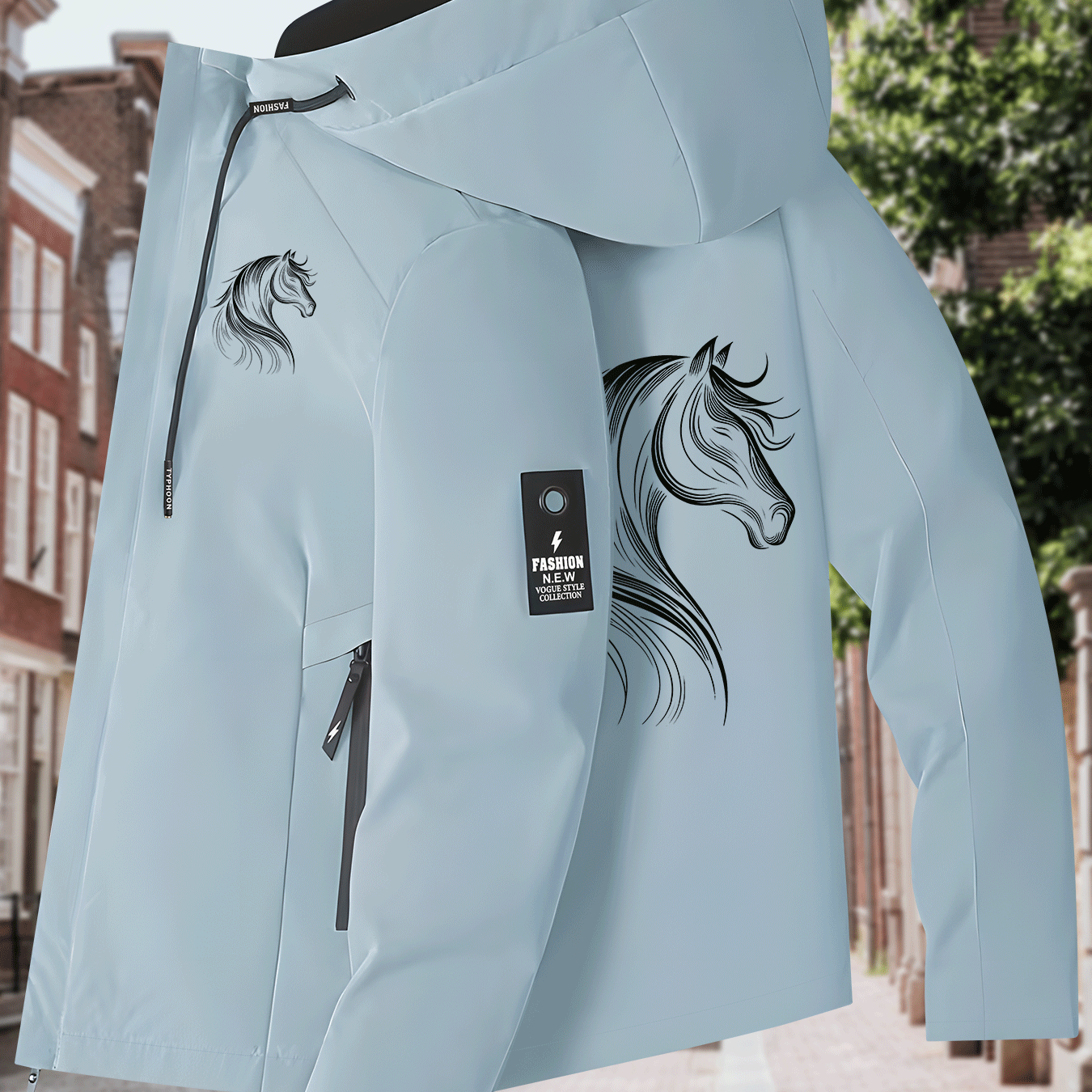 TEMU Minimalist Cool Black And White Line Horse Head Print Windbreaker Women's Jacket, Lightweight And Warm Women's Windbreaker Jacket, Long-sleeved