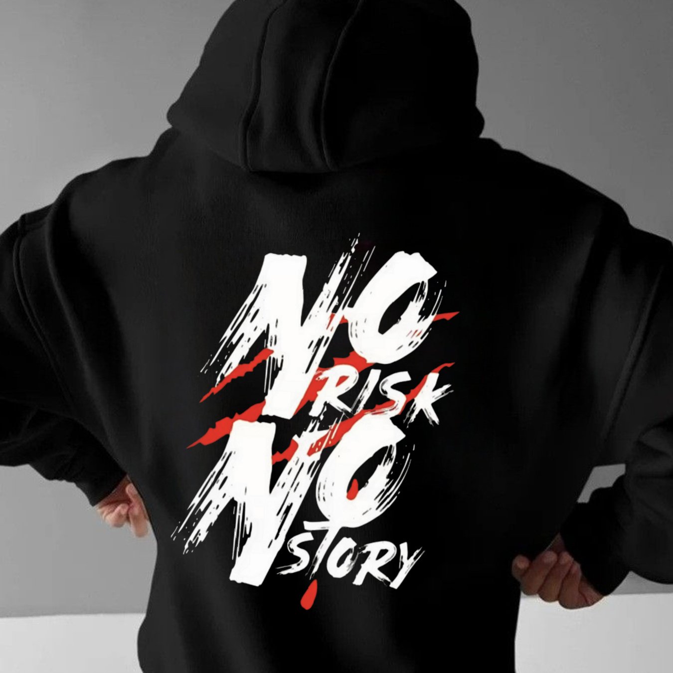 Image of Men's Black Biker Hoodie Featuring A ' No Story' Design, Designed For A Relaxed Fit Ideal For Casual Autumn Wear And Layering