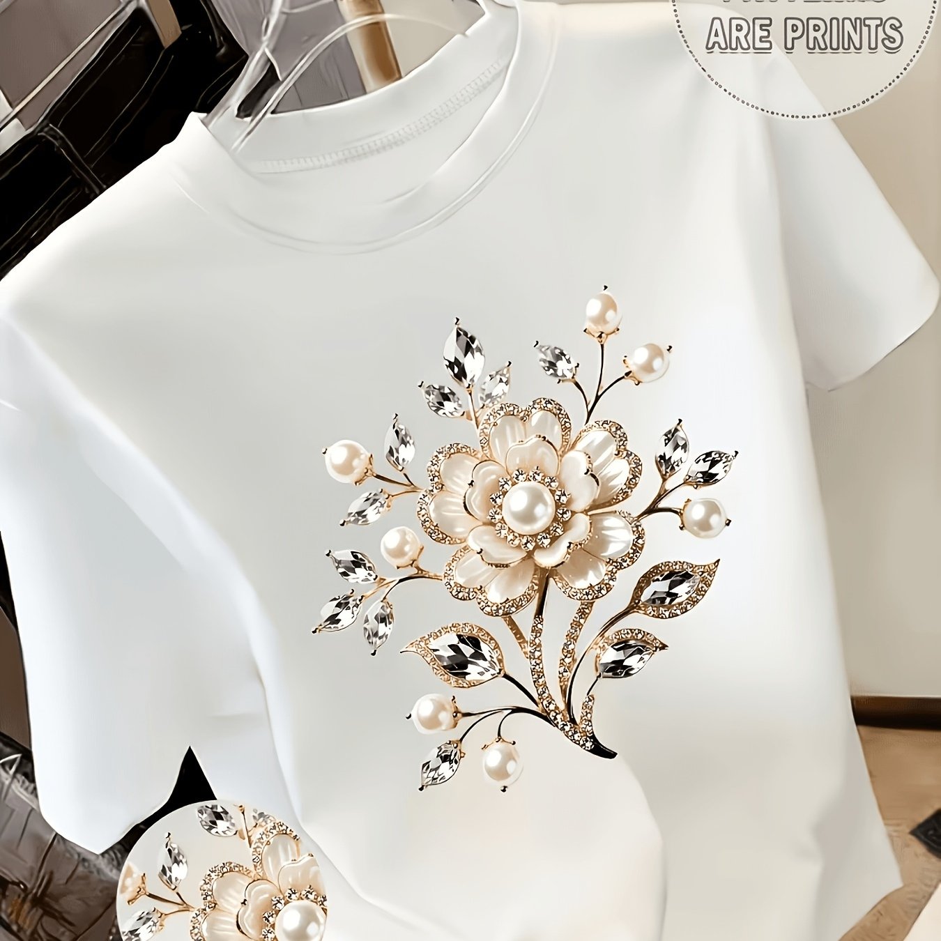 Image of Plus Size - Ladies' Casual T-shirt With Floral Print - Y2k Style, Elegant, Perfect For Gifts, Casual Round-neck Top - Breathable, Lightweight, And Comfortable, Ideal For A Spring And Summer Wardrobe