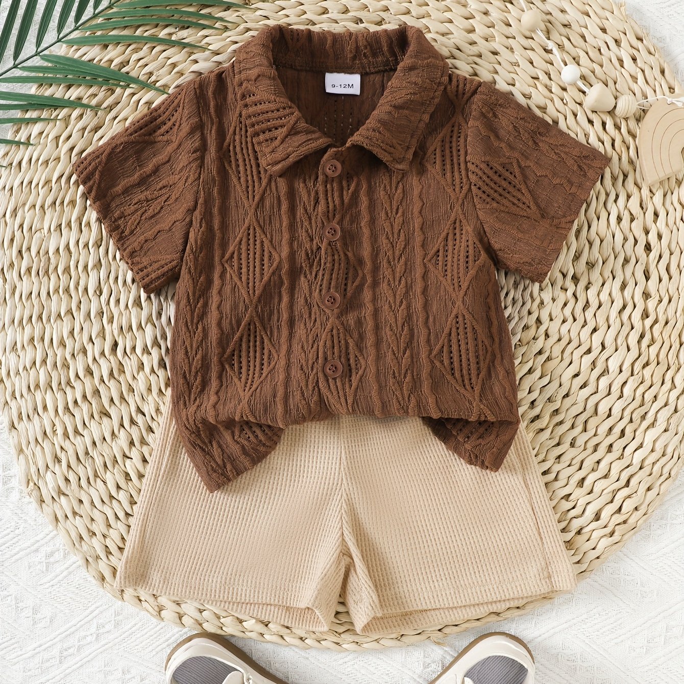 Image of Newborn Baby Boy Summer Solid Color Jacquard Short Sleeve Shirt + Shorts 2pcs Set, Perfect For Outdoor