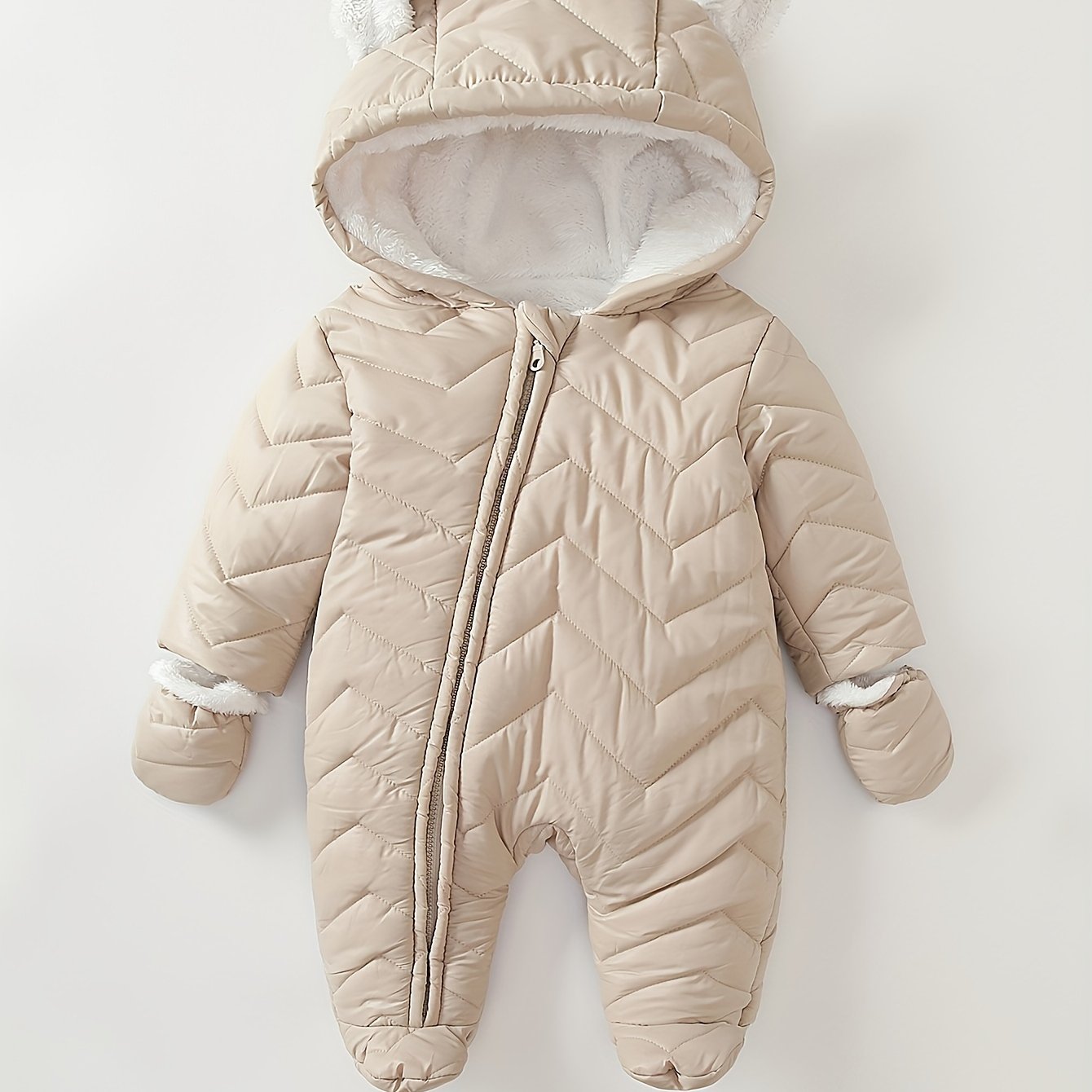 Image of Cute Bear Hooded Baby Jumpsuit For Autumn And Winter, Thickened And Warm, Perfect For , For Outdoor