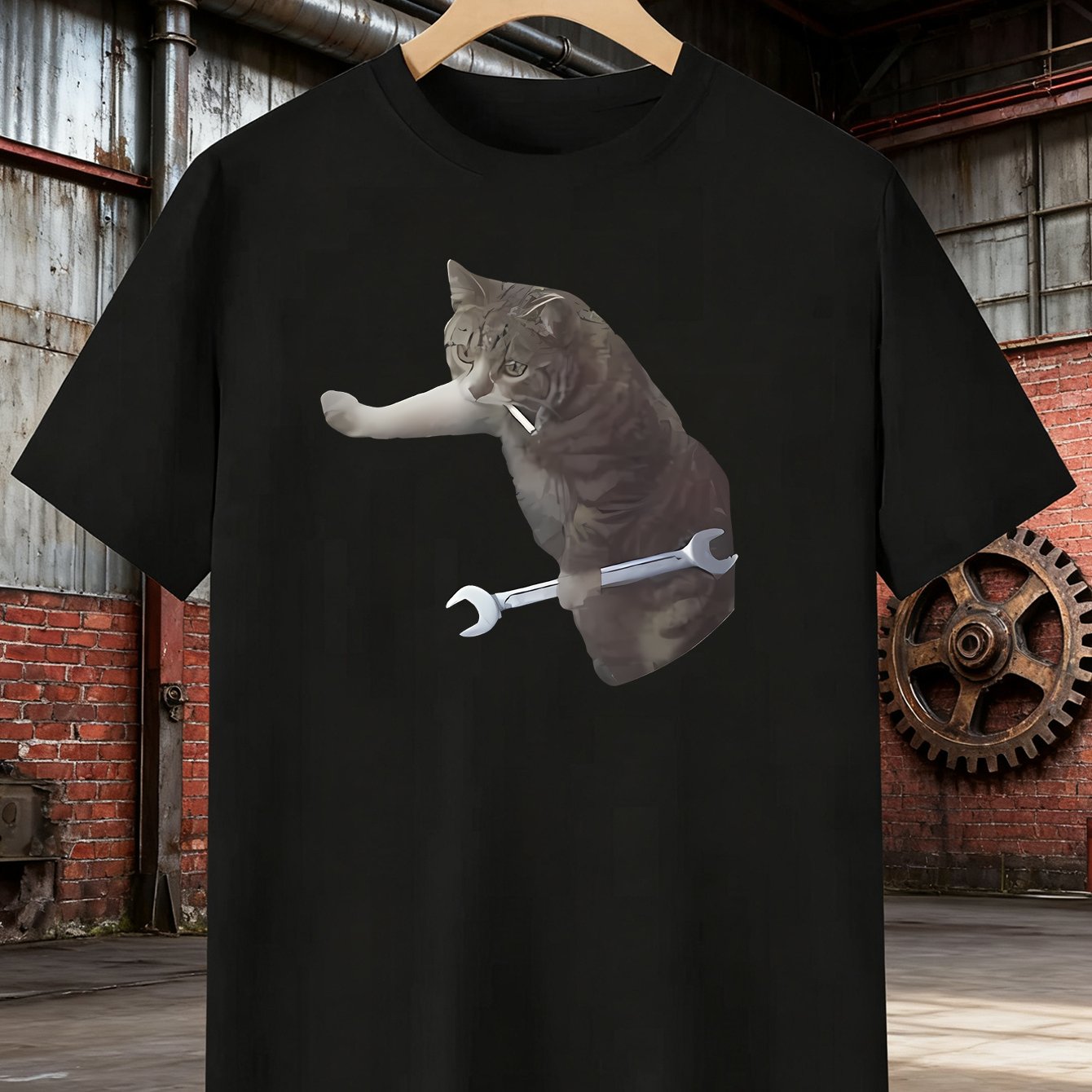 TEMU Humorous Cat Mechanic T-shirt – Black Short Sleeve Crew Neck Summer Style, Fun Featuring A Cat Holding A Wrench, A Casual Essential | Cat Lover