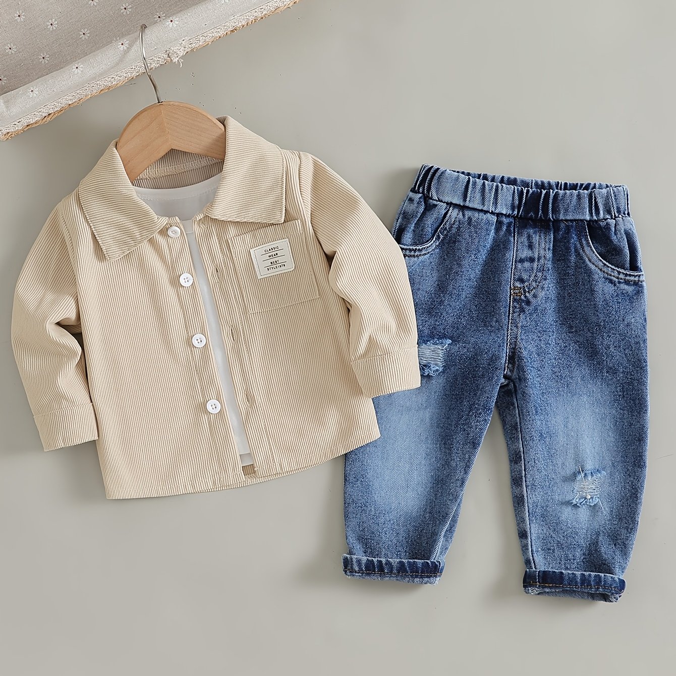 Image of Boys' Autumn/winter 2pcs Set: Lapel Shirt Jacket And Ripped Denim Long Pants, Loose Fit Casual Stylish Trendy Kids' Clothing, Perfect For Outdoor