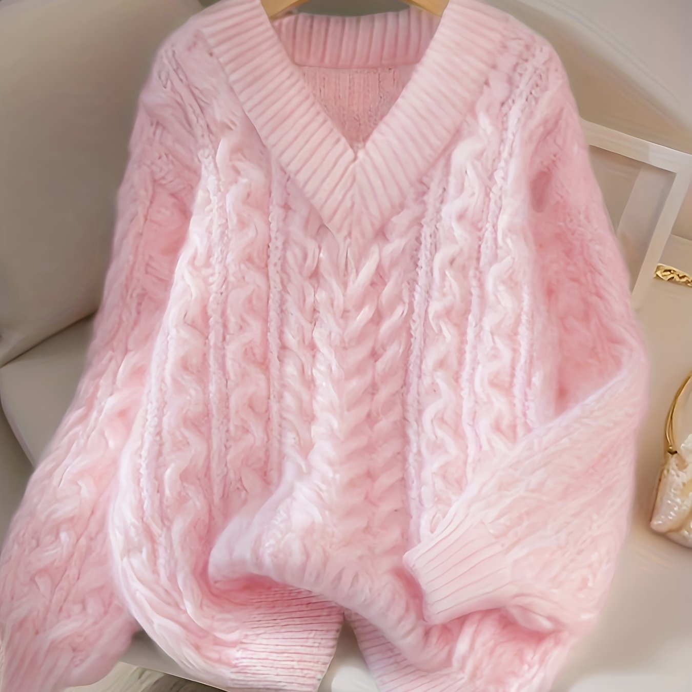 TEMU 2026 New Loose-fitting, Soft, Sweet, And Casual V-neck Burlap Pullover For Women, Suitable For Spring And Summer Wear, Women's Valentine's Day
