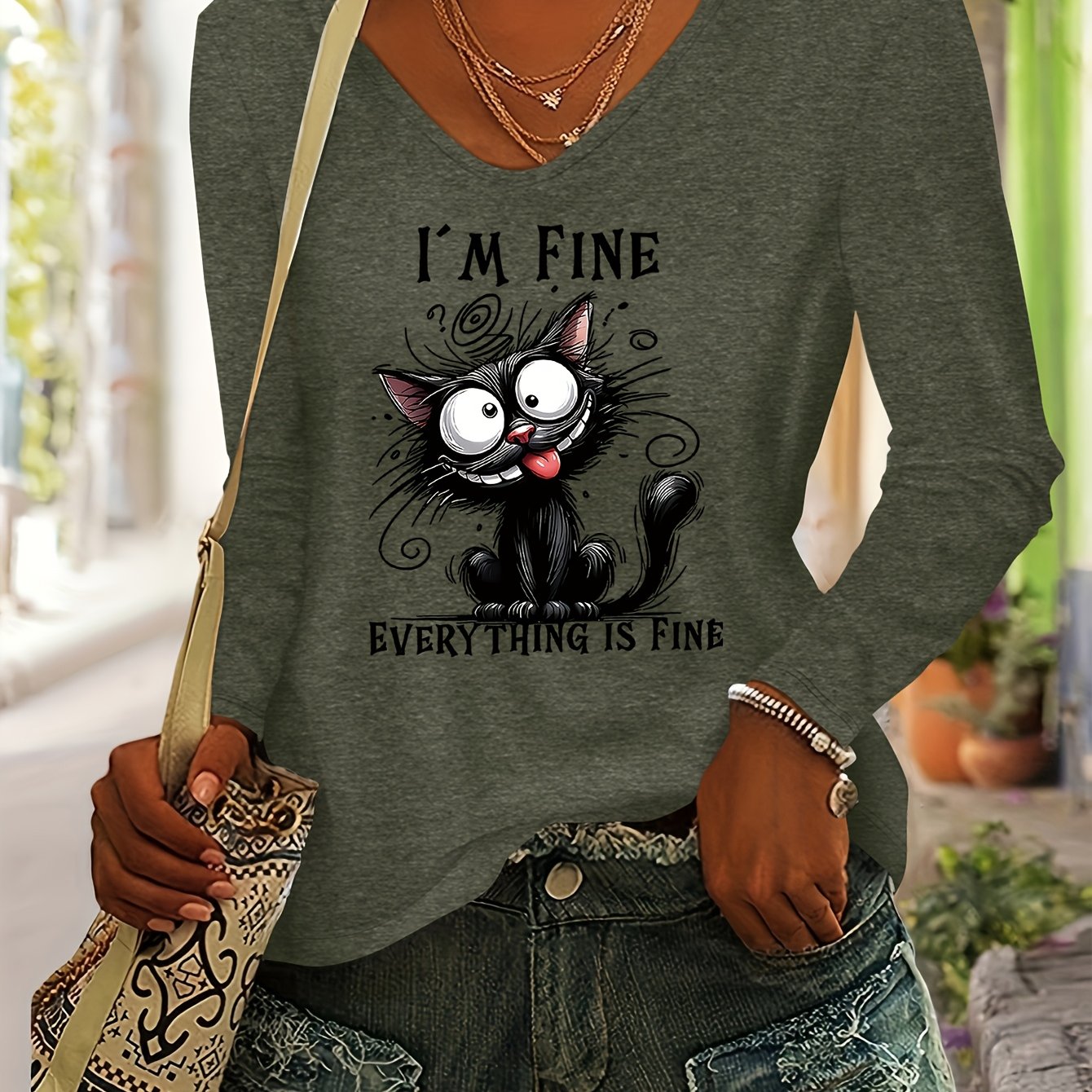 TEMU I Am , Everything Is . Cartoon Cat Pattern Print Women's Casual Comfortable Autumn And Color V-neck Long-sleeved T-shirt