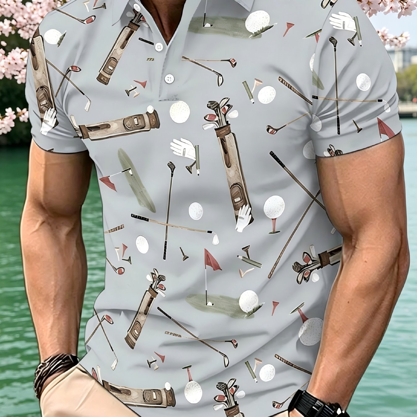 TEMU [printed Design â Not Textured] Men's New Summer Fashion Golf Ball, Club, And Glove Sport Element Pattern Short-sleeve Shirt, Comfortable,