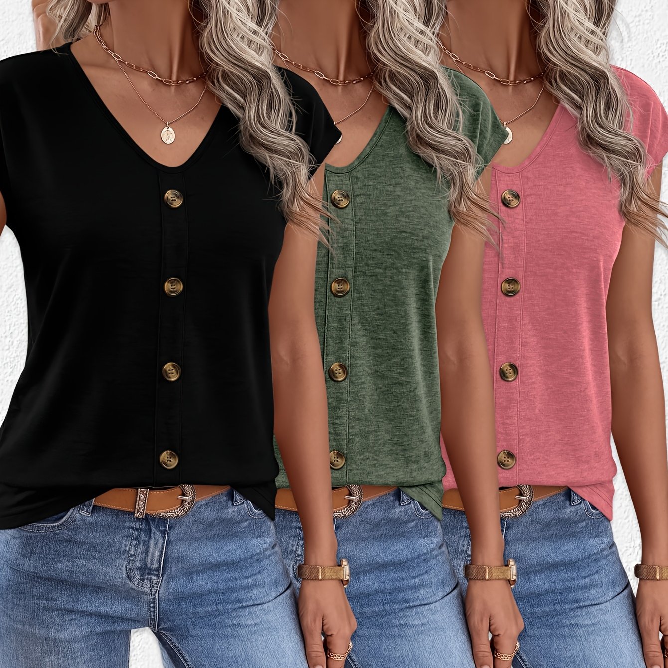 TEMU 3pcs - New Summer Women's V-neck Button Cover Sleeve T-shirt, Solid Color Casual Top T-shirt Three-pack