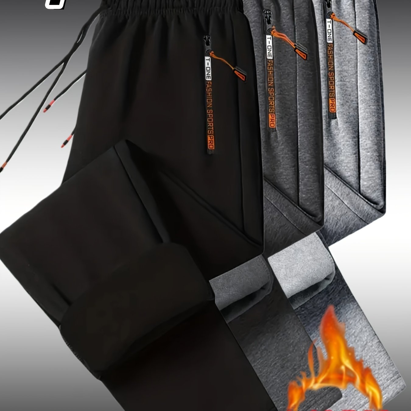 TEMU 3 Men's Winter Warm Fleece Sweatpants With Zipper Pockets - Casual Athletic Pants, Drawstring Waist, Solid Color, Suitable For Running, Workout,