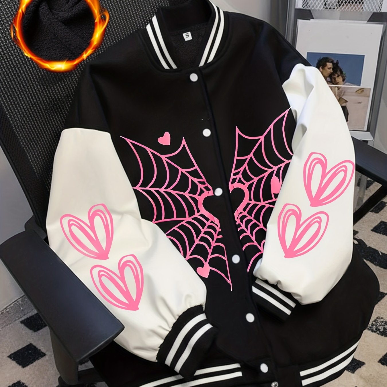 TEMU Women's Spiderweb Print -lined Baseball Jacket With Snap Buttons, Autumn/winter Casual Outdoor Sports Baseball Top, Suitable For Daily Wear