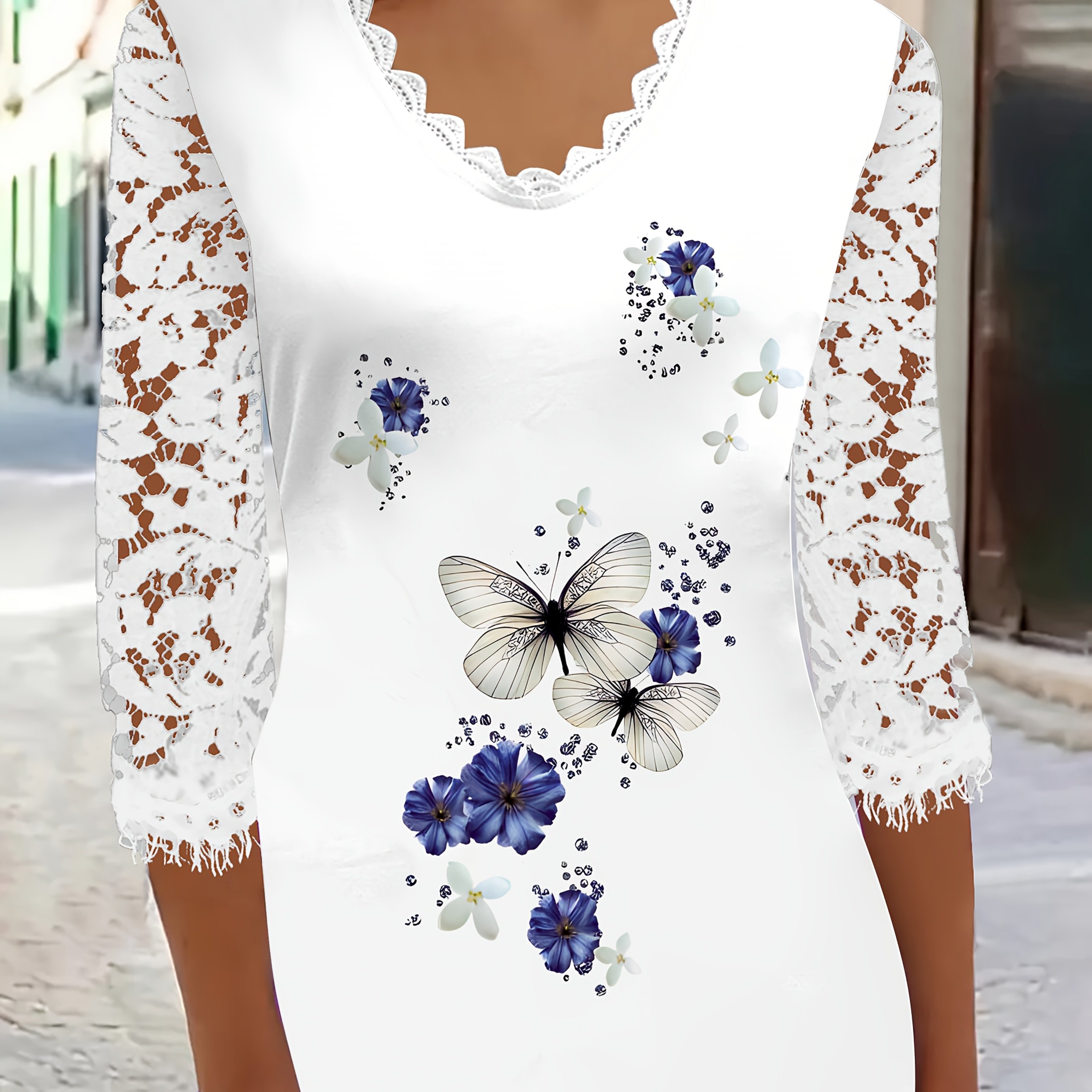 E-shop Elegantes Damen-Spitzen-Patchwork-T-Shirt, Elegantes Damen-Top mit Spitzenschmetterlingsdruck