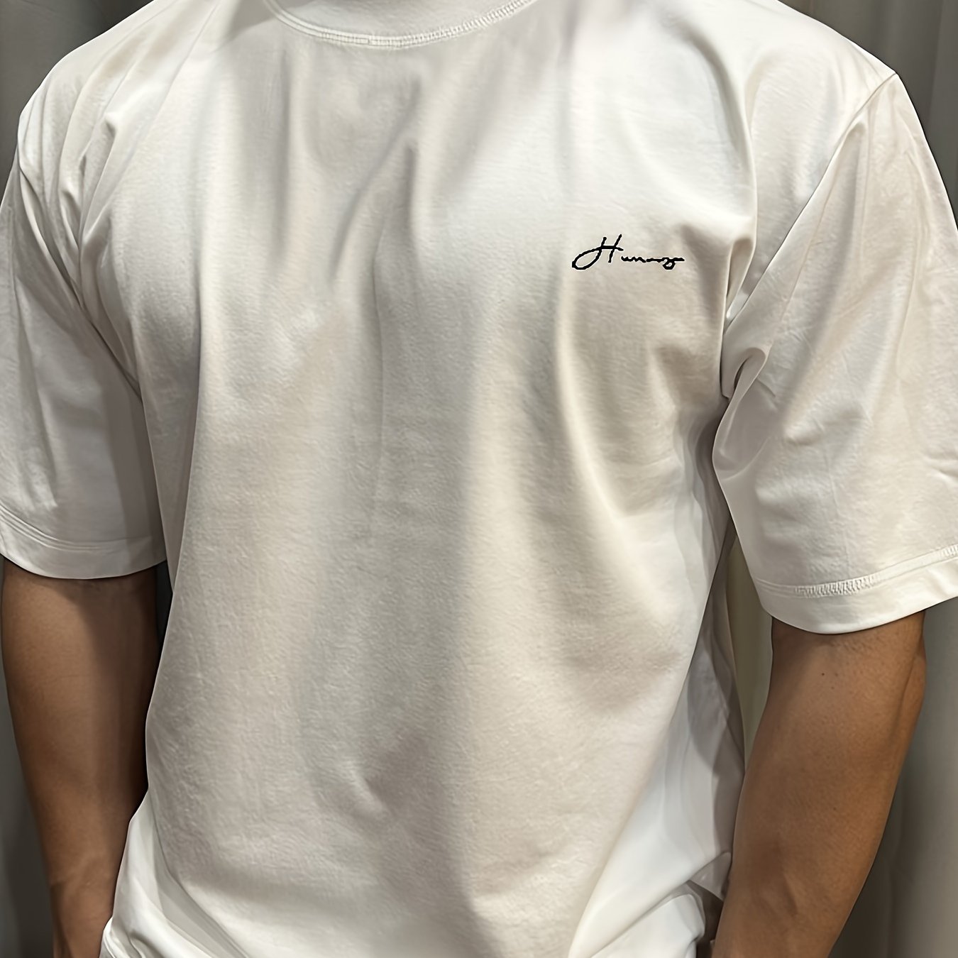 TEMU Sanforize Men's & Unisex Relaxed Fit Heavyweight 180gsm 100% Cotton Oversized T-shirt - Bohemian White With Black Chest Print, Breathable Drop