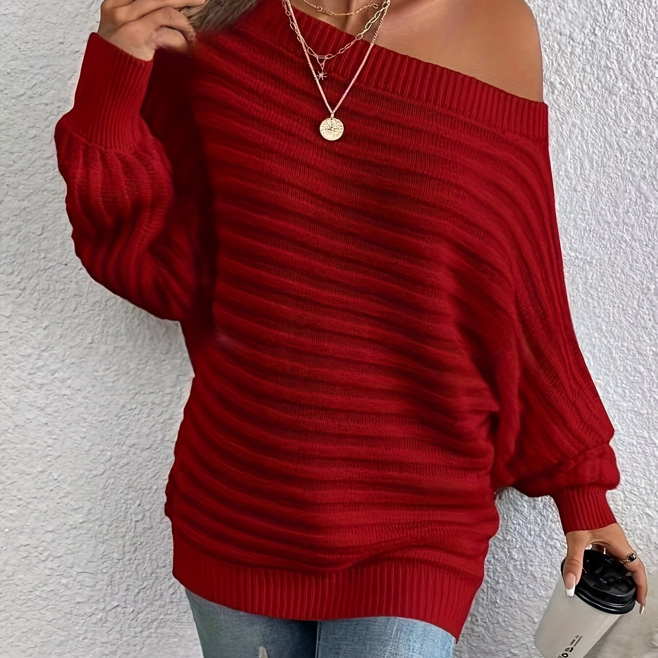 Image of Elegant And Fashionable Off-the-shoulder Sweater For Autumn And Winter, Trendy Casual Comfortable -shoulder Sweater