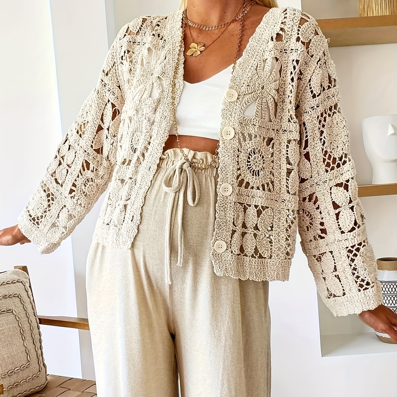 E-shop Plus Size, Damen Plus Size Cardigan, Lochmuster Spitzenmode-Mantel, Eleganter Damenhafter Stil, Strand- Urlaubsreise Casual Oberbekleidung für