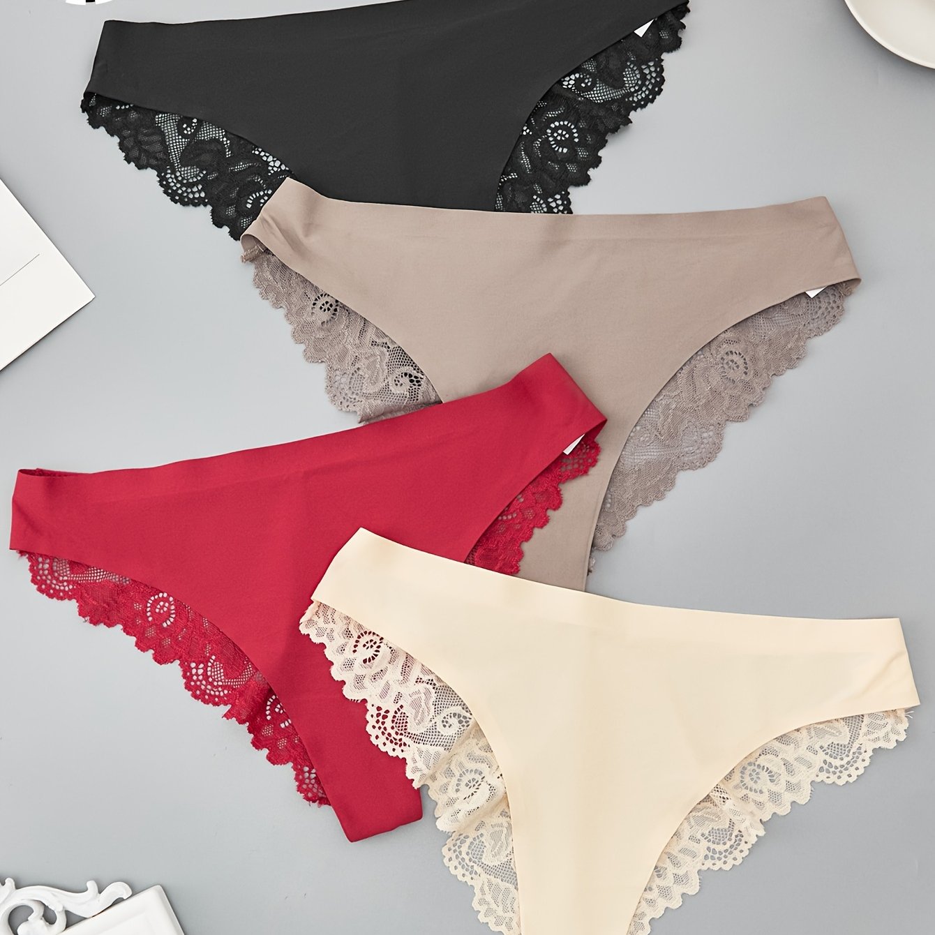 Image of A Set Of 4 Patterned Lace-trimmed Sexy And -friendly Fabric Women' Panties, Suitable For Daily In , Comfortable, Breathable, And Featuring A High-quality Three-dimensional Cut